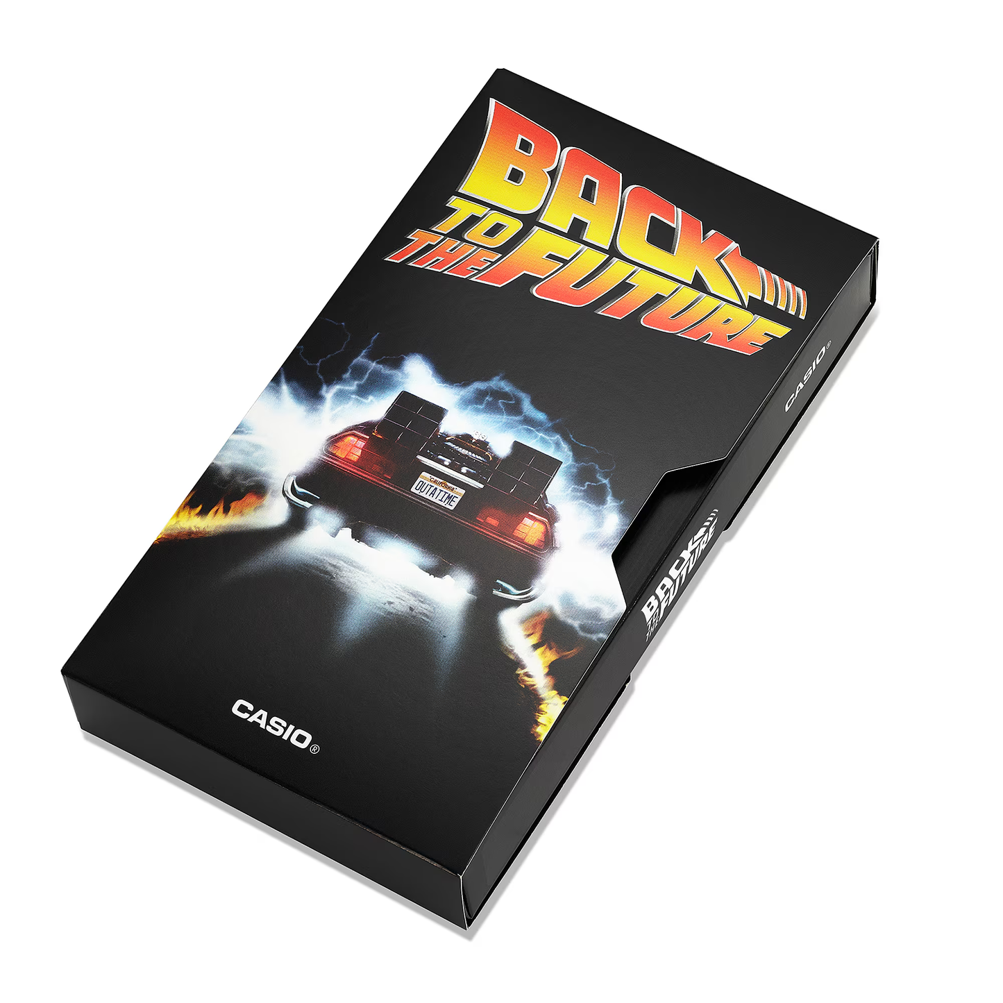 Casio watch box with 'Back to the Future' design featuring the DeLorean time machine.