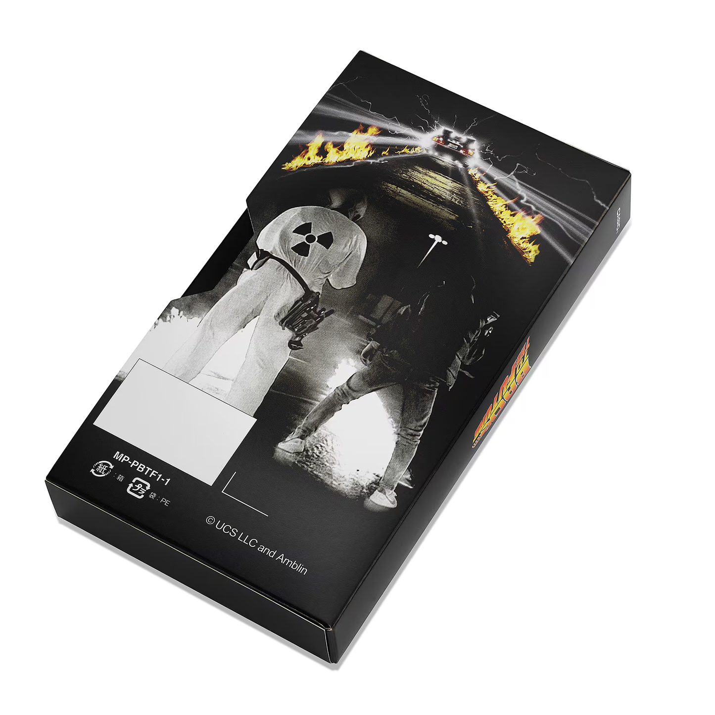 Product packaging with a character design on a black background