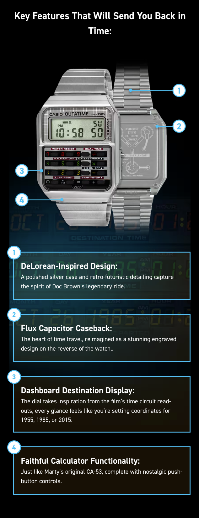 Vintage-style digital watch with DeLorean design elements on a dark background