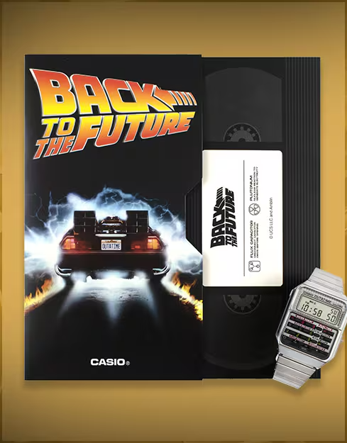Back to the Future VHS tape with Casio watch on a yellow background