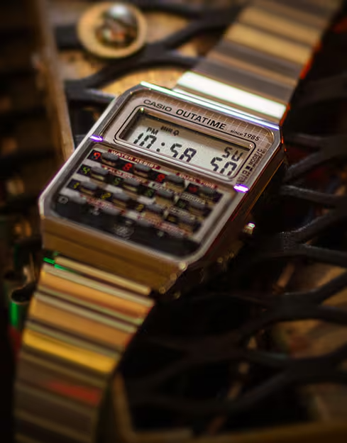 Vintage Casio digital watch with metallic band on a blurred background