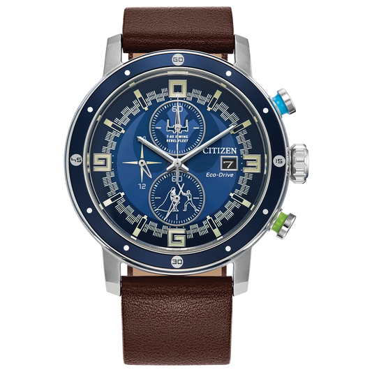 Citizen Star Wars Luke Skywalker watch (Model CA0768-07W). Features 44mm silver-tone stainless steel case with blue aluminum bezel, brown leather strap, and blue-green chronograph pushers inspired by Luke’s lightsabers. Blue sectored dial includes Rebel Alliance symbols, X-Wing imagery, and Luke vs. Vader scene. Eco-Drive B612 light-powered movement, spherical mineral crystal, WR100 water resistance, and date display.