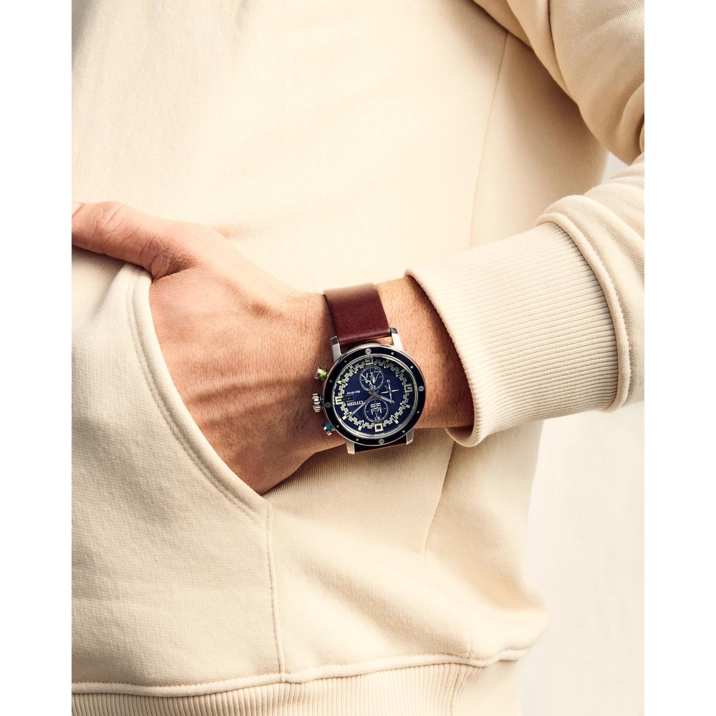 Citizen Star Wars Luke Skywalker watch (Model CA0768-07W). Features 44mm silver-tone stainless steel case with blue aluminum bezel, brown leather strap, and blue-green chronograph pushers inspired by Luke’s lightsabers. Blue sectored dial includes Rebel Alliance symbols, X-Wing imagery, and Luke vs. Vader scene. Eco-Drive B612 light-powered movement, spherical mineral crystal, WR100 water resistance, and date display.