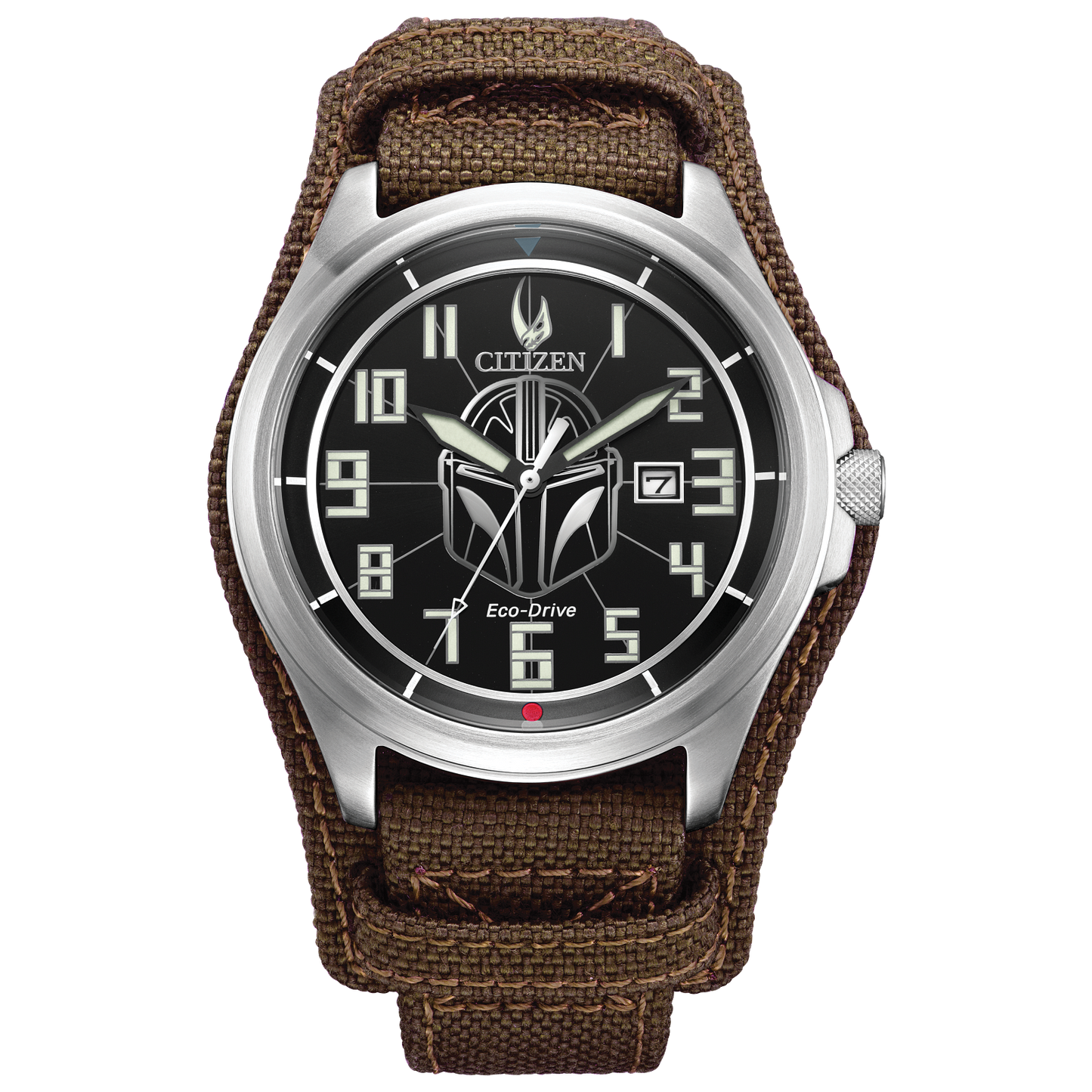 CITIZEN Star Wars Mandalorian AW1411-05W – silver-tone Eco-Drive watch with Mandalorian helmet dial, etched Grogu case back, rugged brown leather strap, and WR200 water resistance.