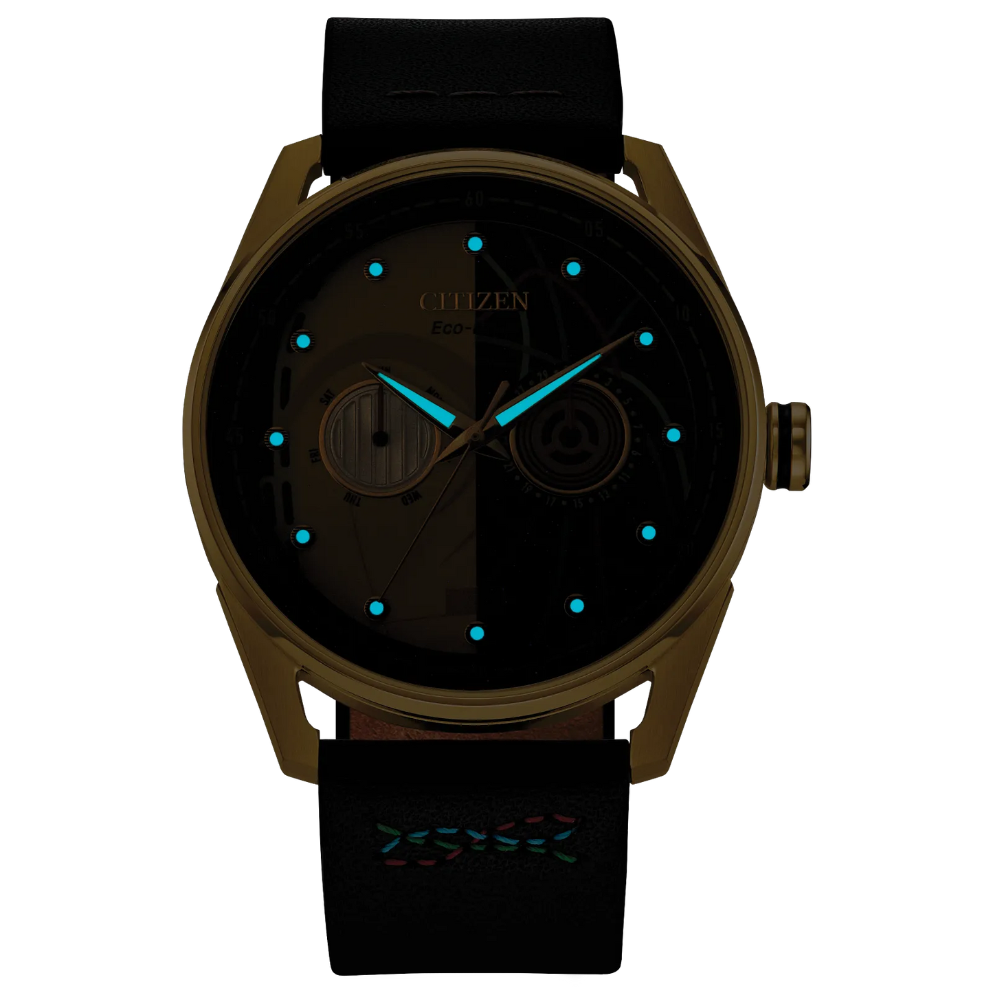 CITIZEN Star Wars C-3PO Rewired BU4026-05W – gold-tone Eco-Drive watch with yellow dial, C-3PO-inspired details, black leather strap with colorful stitching, and WR100 water resistance.