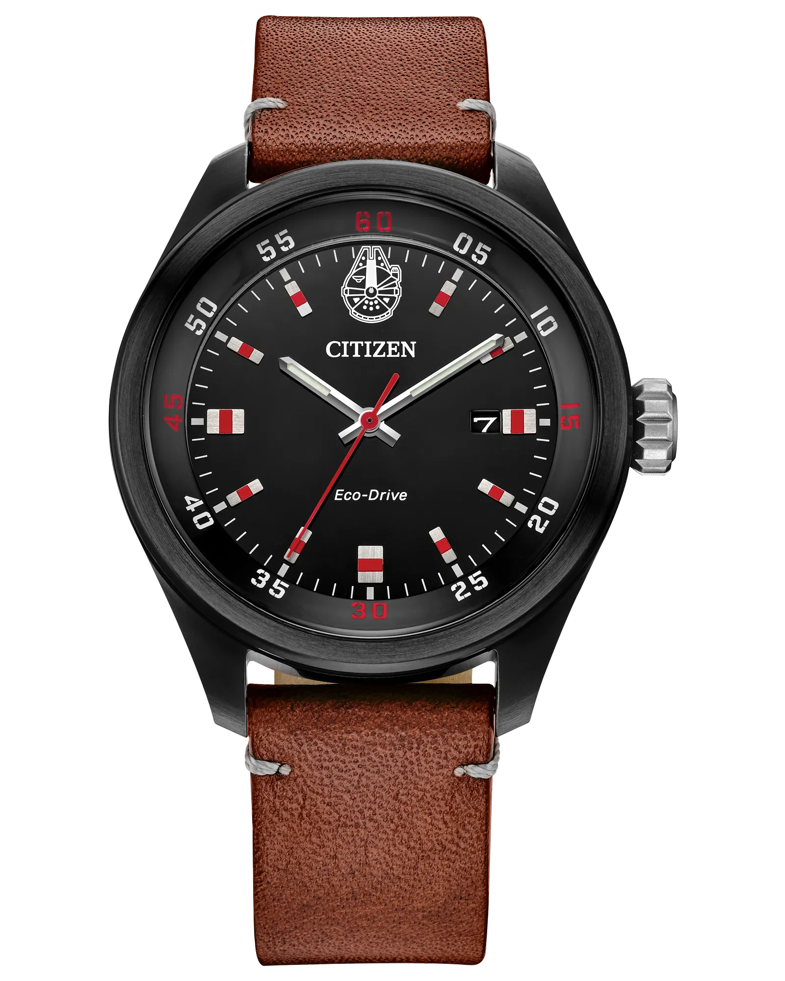 Citizen Star Wars Chewbacca watch (Model AW5008-06W). Features 43mm black ion-plated stainless steel case, black dial with Millennium Falcon motif at 12 o’clock, and red-white bandolier-inspired accents. Includes luminous hands, Eco-Drive J810 light-powered movement, brown leather strap, engraved Chewbacca case back with quote, spherical mineral crystal, and WR100 water resistance.