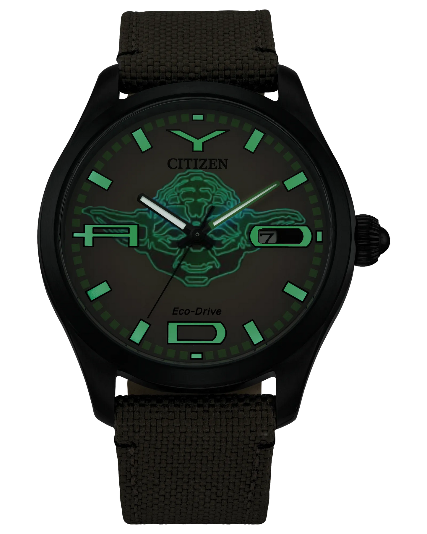 Citizen watch with black strap and green glowing face on a white background