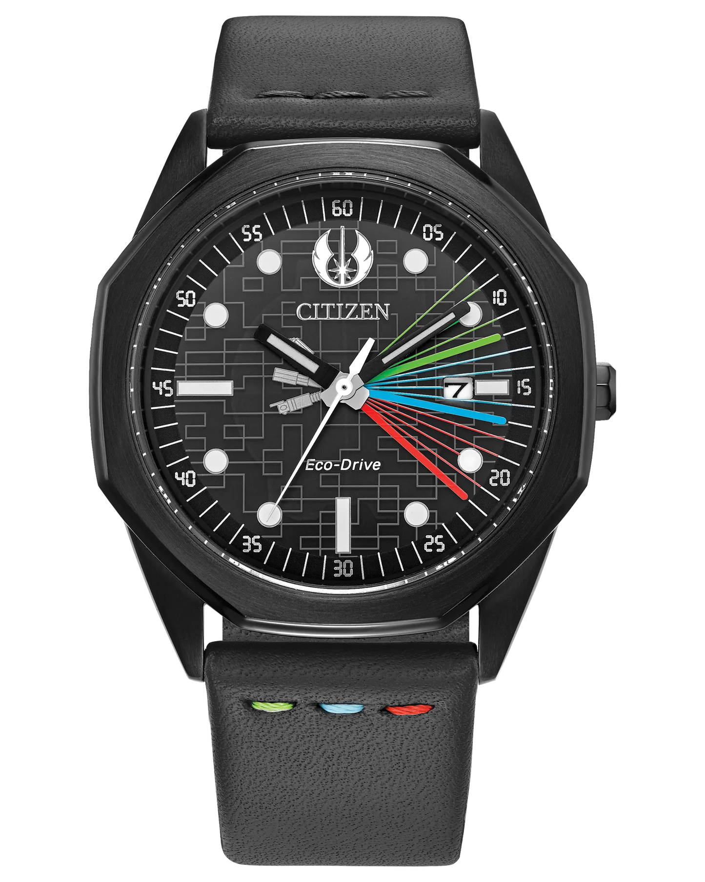“Citizen Star Wars Jedi Master Eco-Drive watch (Model BM7498-00W). Features 41mm black IP stainless steel octagonal case, black grid-patterned dial with green, blue, and red lightsaber details, Jedi crest at 12 o’clock, and luminous hands. Includes gray leather strap with colored stitching, engraved case back with ‘May the Force be with You,’ sapphire crystal, Eco-Drive E111 light-powered movement, 100m water resistance, and 59g weight.