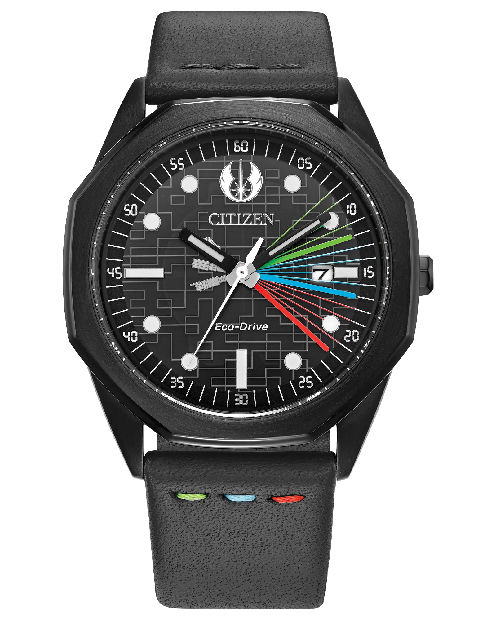 “Citizen Star Wars Jedi Master Eco-Drive watch (Model BM7498-00W). Features 41mm black IP stainless steel octagonal case, black grid-patterned dial with green, blue, and red lightsaber details, Jedi crest at 12 o’clock, and luminous hands. Includes gray leather strap with colored stitching, engraved case back with ‘May the Force be with You,’ sapphire crystal, Eco-Drive E111 light-powered movement, 100m water resistance, and 59g weight.