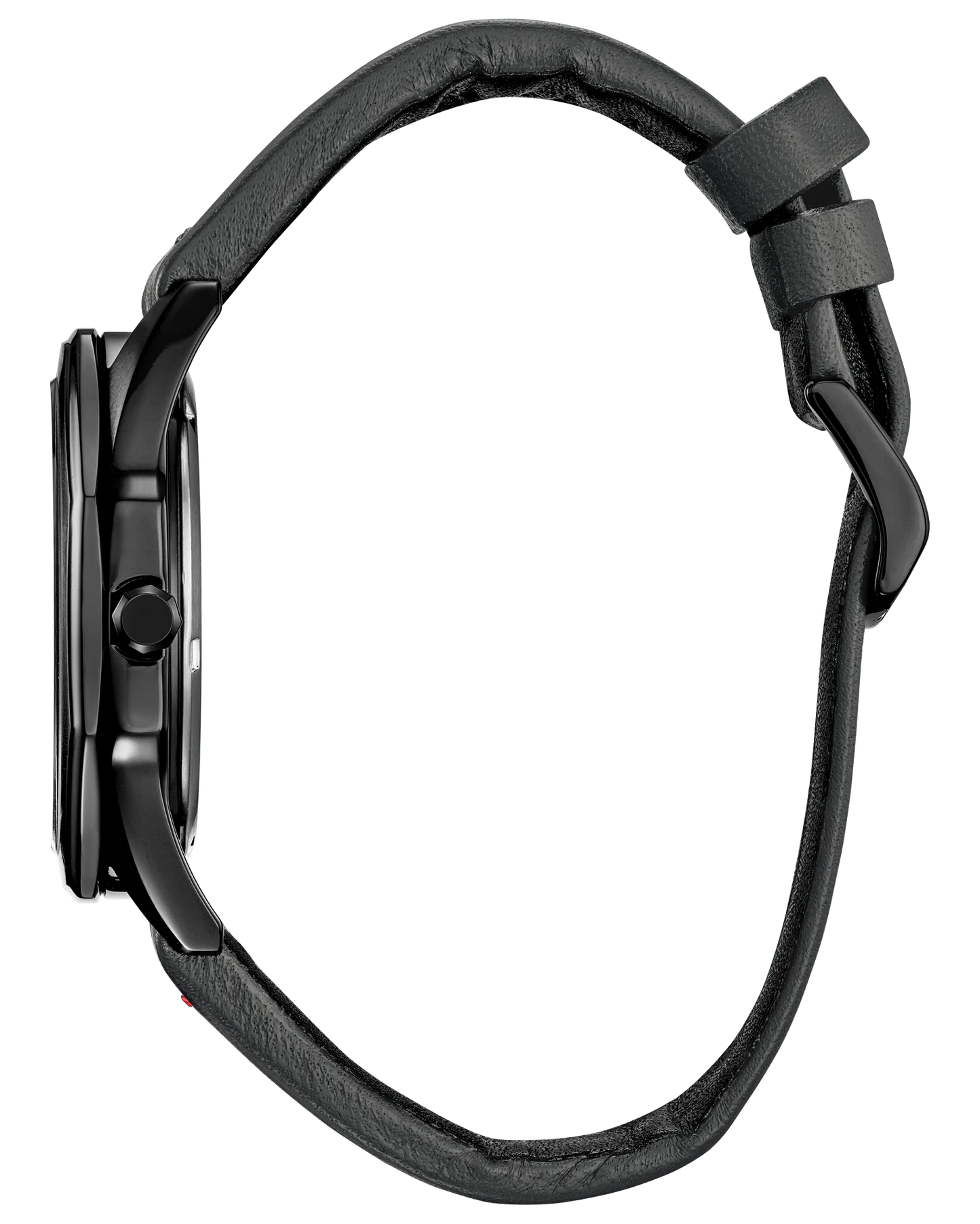 Black watch with leather strap on a white background