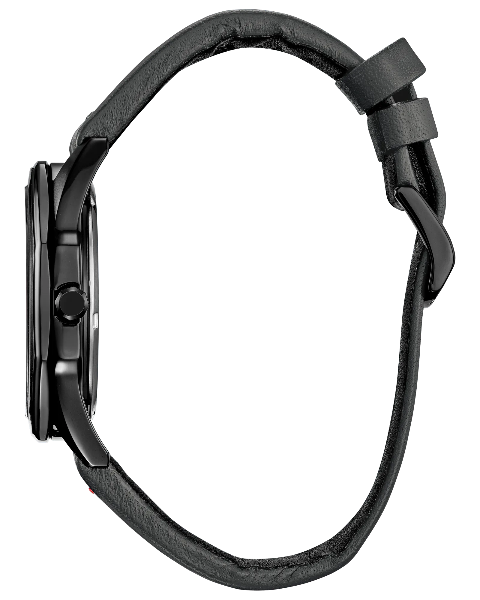 Black watch with leather strap on a white background