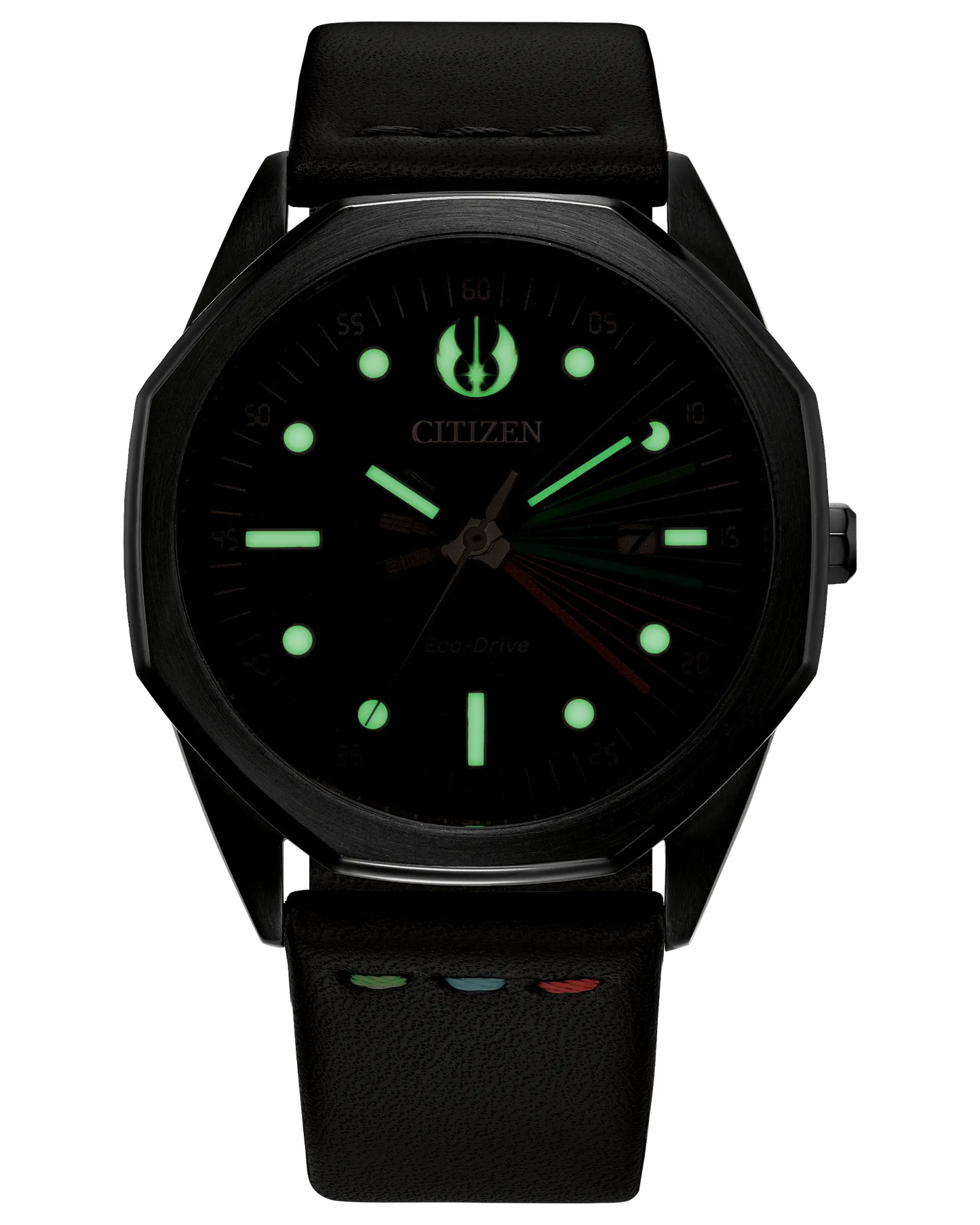 Black Citizen watch with glowing green face on a white background
