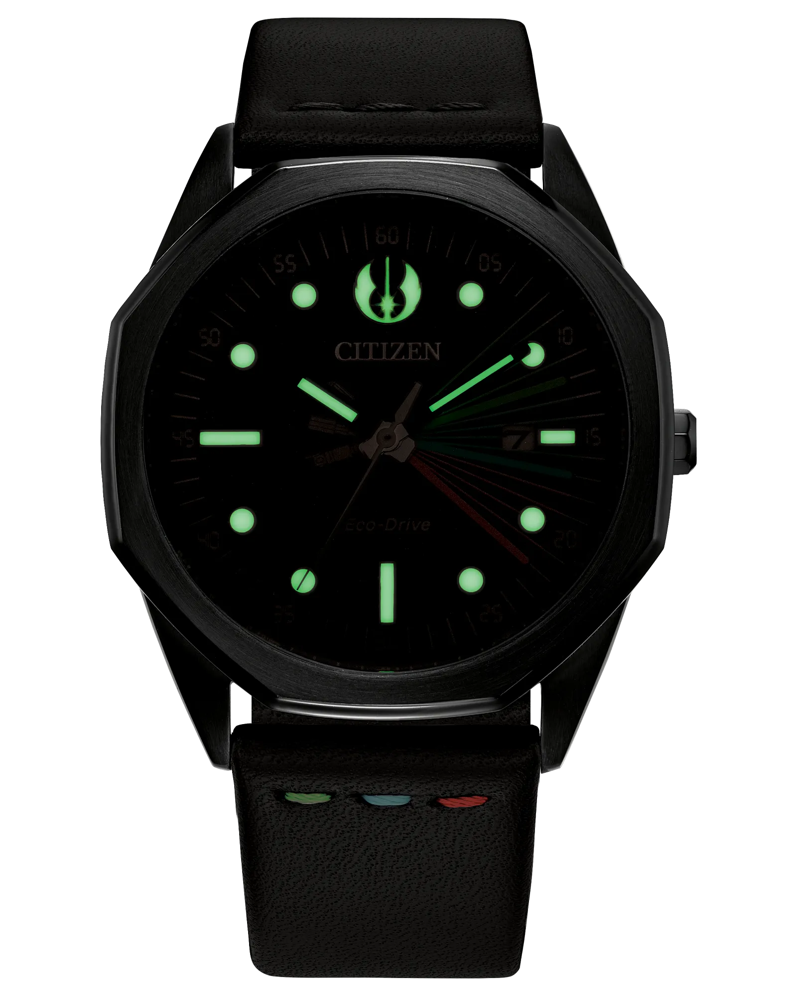Black Citizen watch with glowing green face on a white background