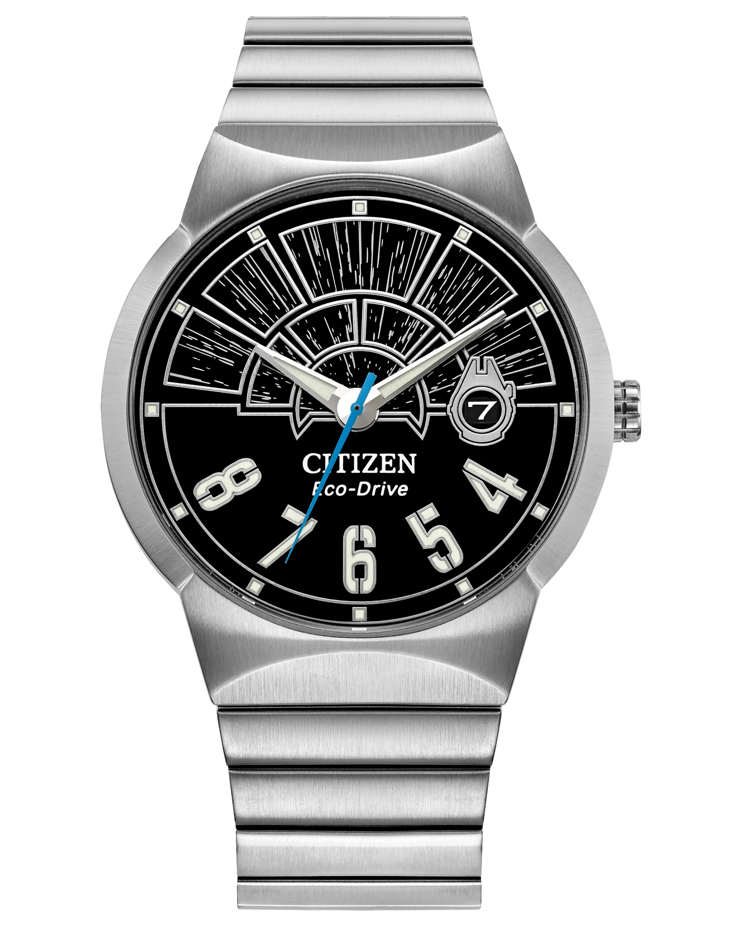 Citizen Star Wars Millennium Falcon Hyperdrive Eco-Drive watch (Model BM7581-59W). Features black cockpit-style dial with Millennium Falcon motif around date window, luminous silver-tone hands, 40mm stainless steel case and bracelet, engraved case back with Star Wars logo and Falcon etching. Powered by light via Eco-Drive E111 movement, dual spherical mineral crystal, splash resistance, and 121g weight