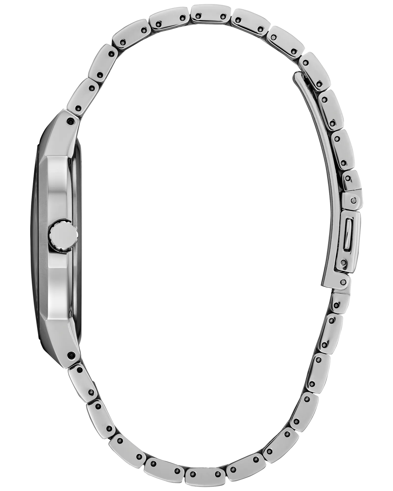 Close-up of a silver watch band on a white background