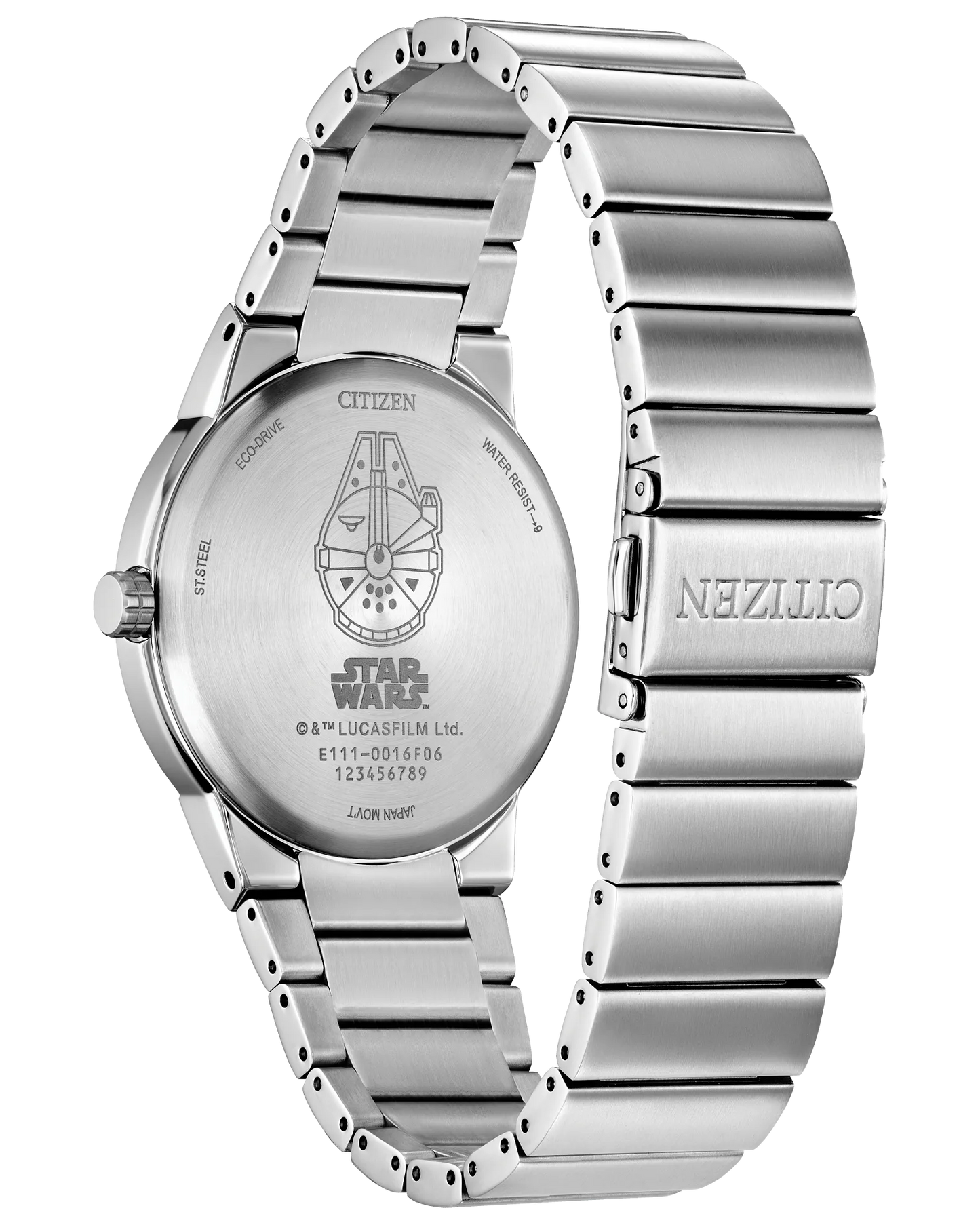 Silver watch with Citizen branding and Star Wars logo on a white background
