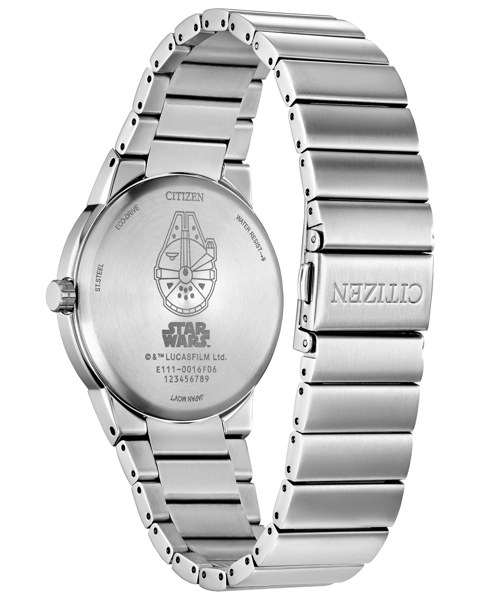 Silver watch with Citizen branding and Star Wars logo on a white background