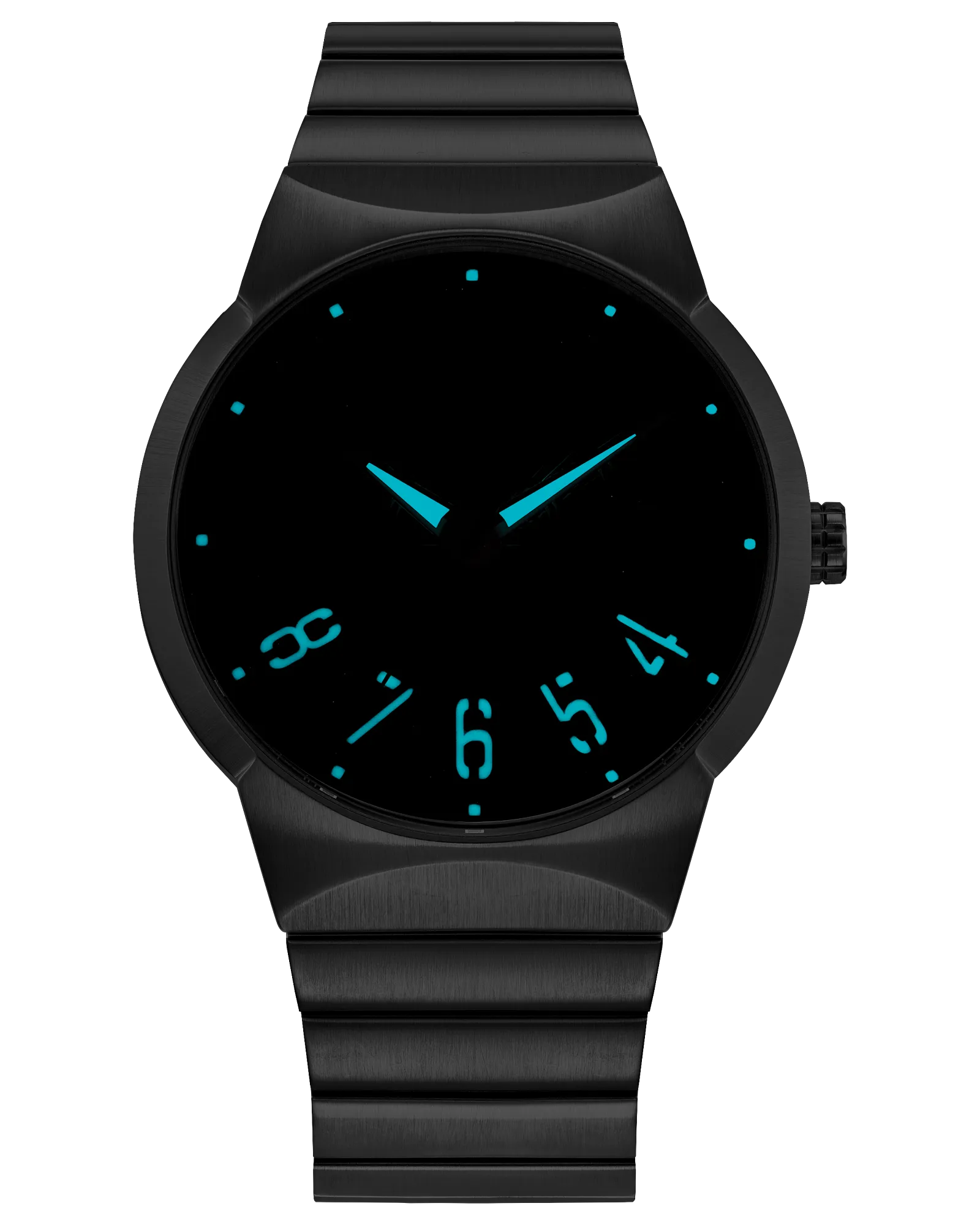Black watch with blue digital display on a white background