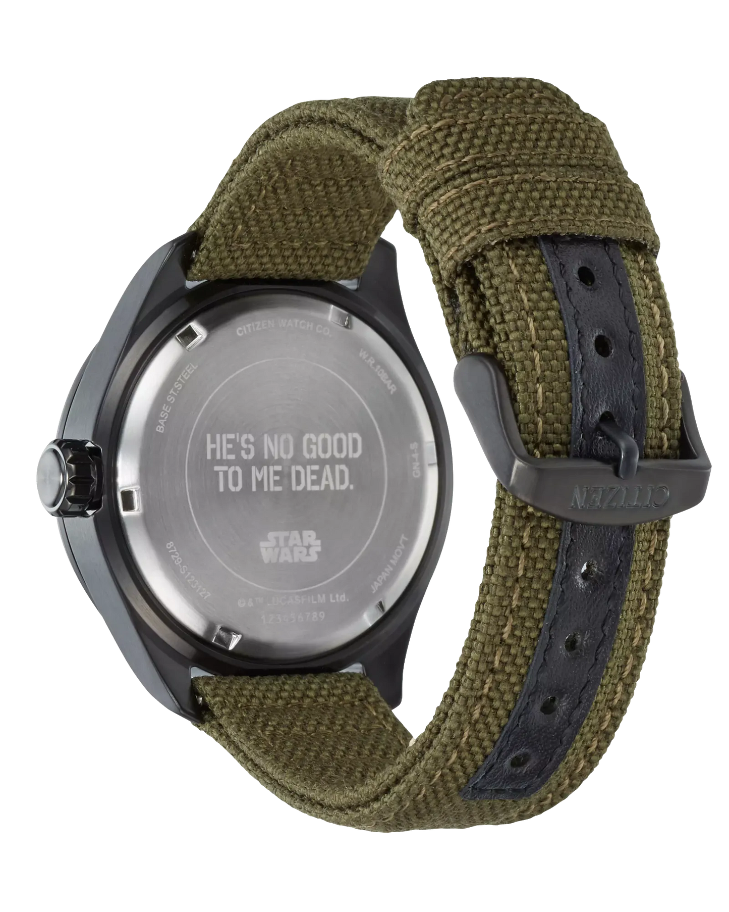 Watch with a green strap and 'He's No Good to Me Dead' text on a white background