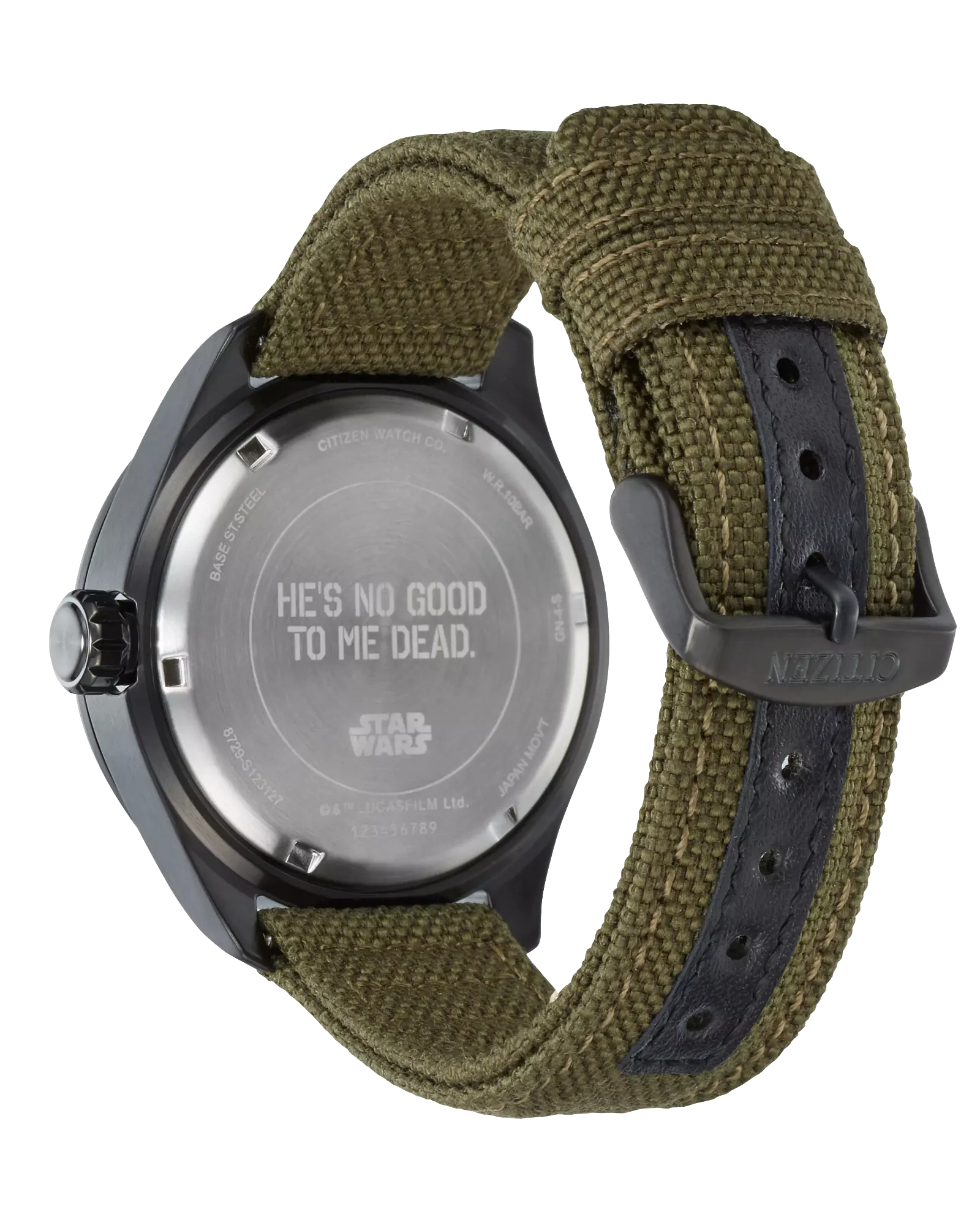 Watch with a green strap and 'He's No Good to Me Dead' text on a white background