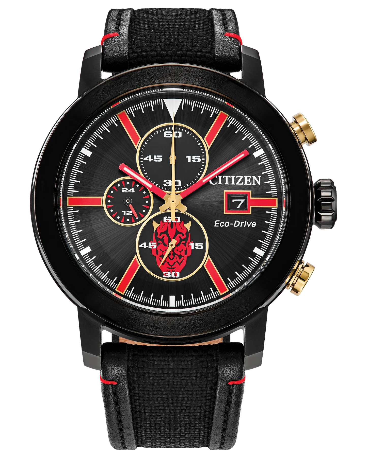 Citizen Star Wars Darth Maul Chronograph watch (Model CA0766-02W). Features 44mm black ion-plated stainless steel case with red accents and Darth Maul’s tattooed face on the sub-dial. Includes gold-tone chronograph pushers inspired by Maul’s horns, double-bladed lightsaber motif on hands, and engraved Darth Maul case back. Eco-Drive B612 light-powered movement, Cordura® nylon and leather strap, spherical mineral crystal, WR100 water resistance, 75g weight.