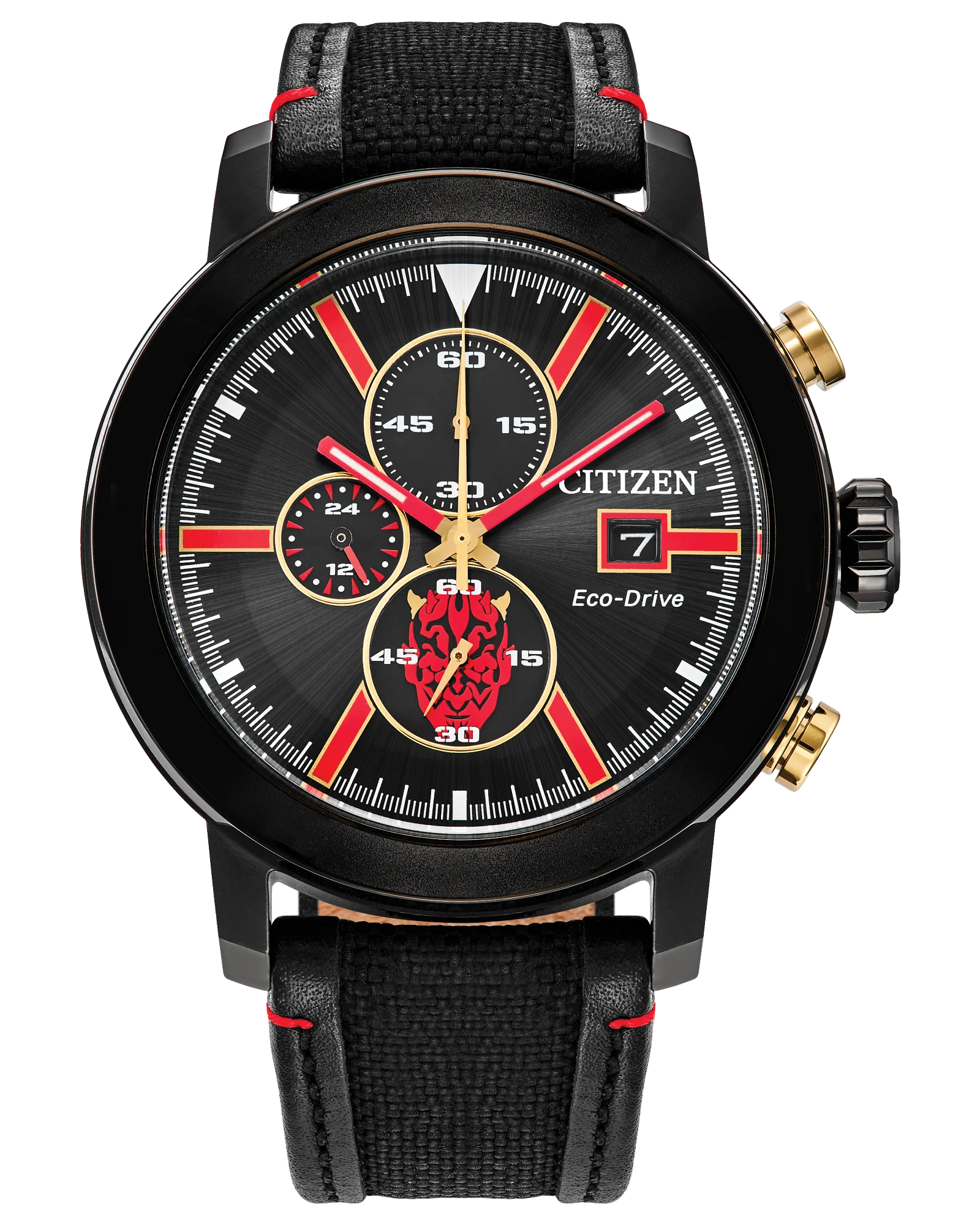 Citizen Star Wars Darth Maul Chronograph watch (Model CA0766-02W). Features 44mm black ion-plated stainless steel case with red accents and Darth Maul’s tattooed face on the sub-dial. Includes gold-tone chronograph pushers inspired by Maul’s horns, double-bladed lightsaber motif on hands, and engraved Darth Maul case back. Eco-Drive B612 light-powered movement, Cordura® nylon and leather strap, spherical mineral crystal, WR100 water resistance, 75g weight.