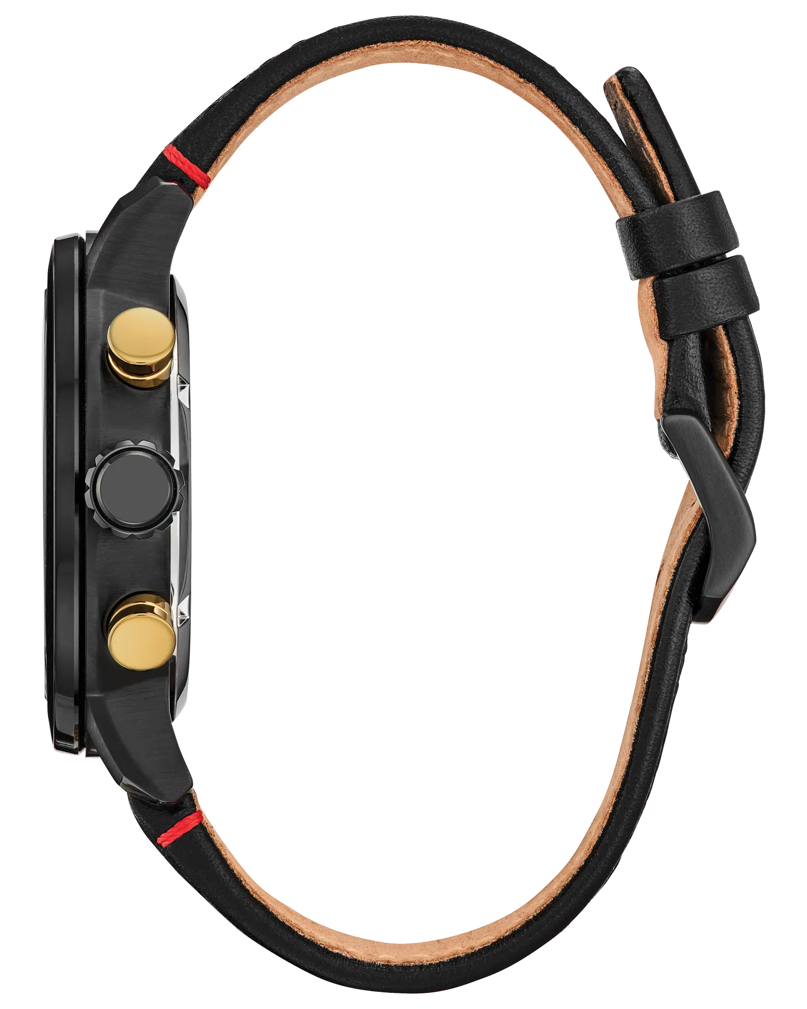 Black wristwatch with gold accents on a white background
