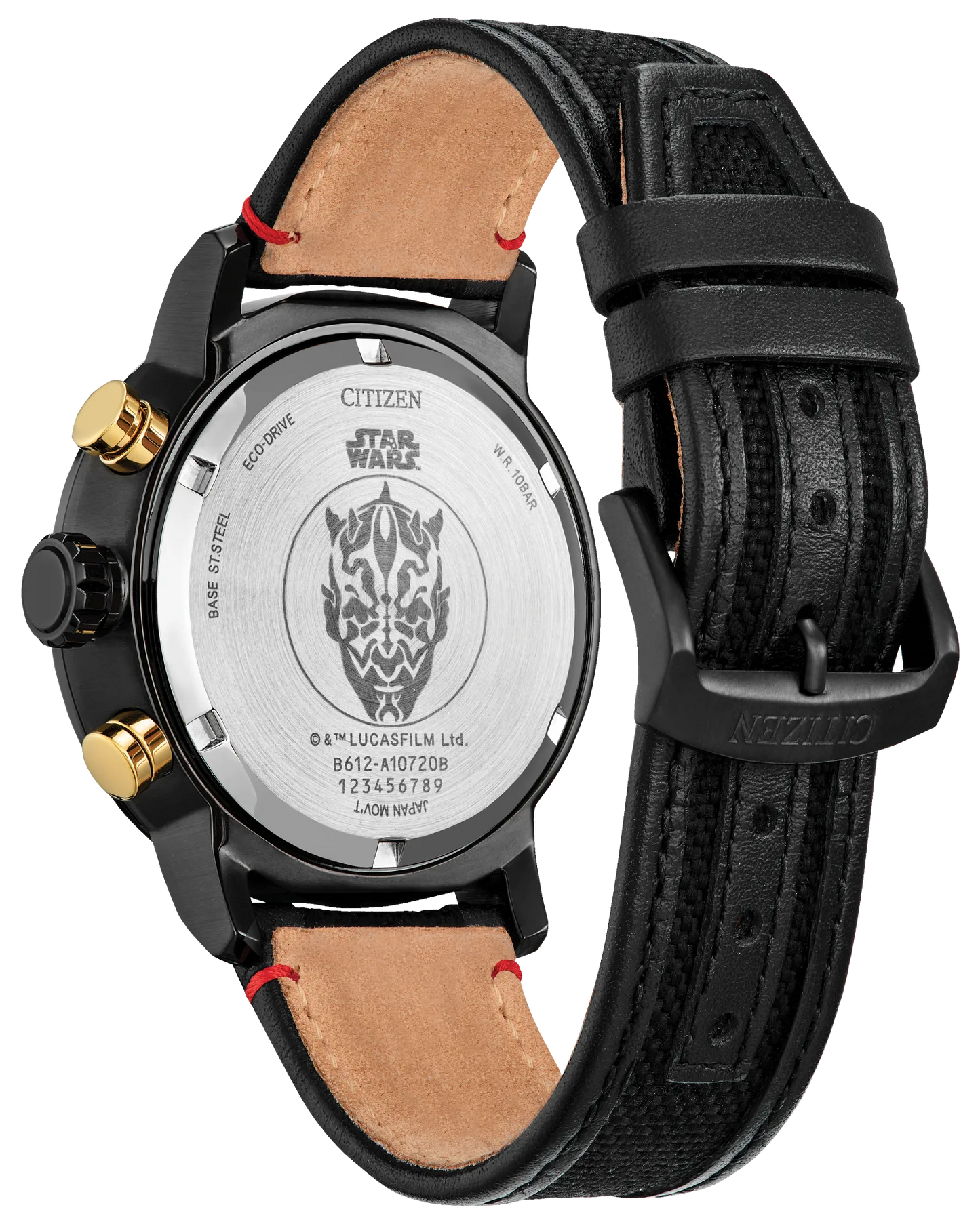 Citizen Star Wars watch with black strap and detailed face on a white background