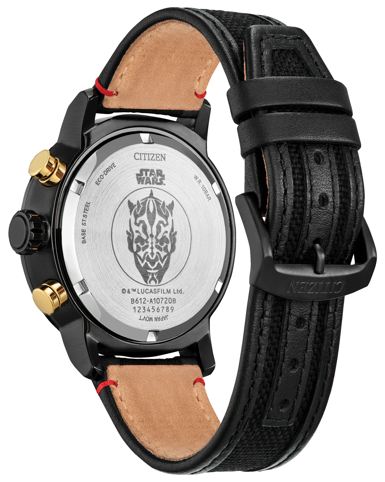 Citizen Star Wars watch with black strap and detailed face on a white background