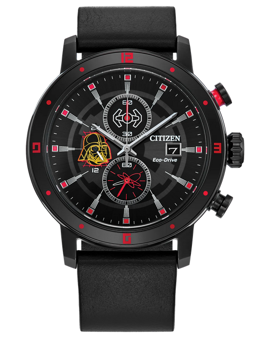 Citizen Star Wars Darth Vader Chronograph watch (Model CA0769-04W). Features 44mm black IP stainless steel case, black leather strap, and crimson red accents inspired by Darth Vader’s lightsaber. Dial includes sub-dials with Vader helmet, TIE Fighter, and targeting details. Eco-Drive B612 light-powered movement, 1/5-second chronograph (up to 60 min), 12/24-hour time, date, spherical mineral crystal, 100m water resistance, and engraved case back reading ‘Come to the Dark Side.