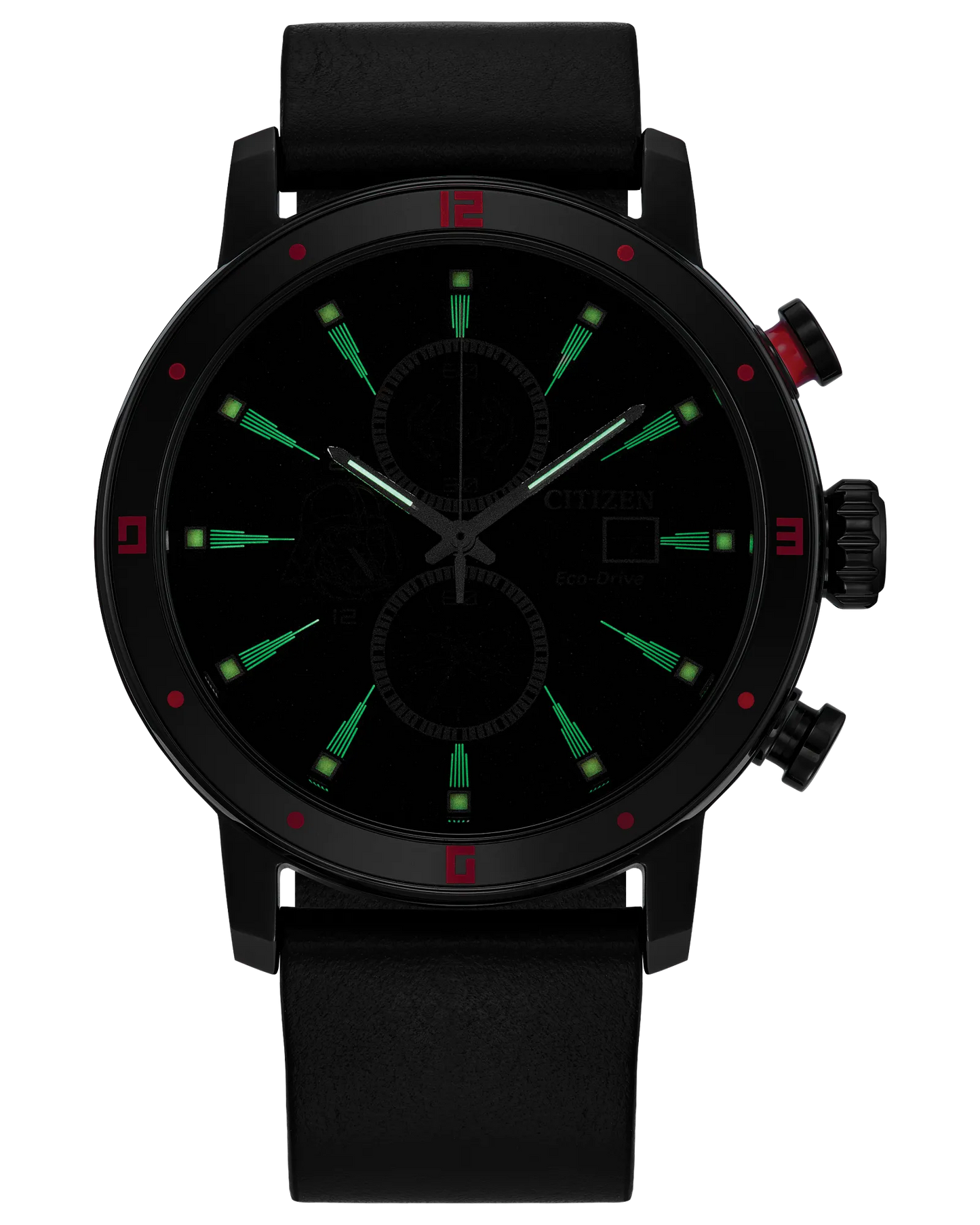 Black watch with green and red accents on a white background