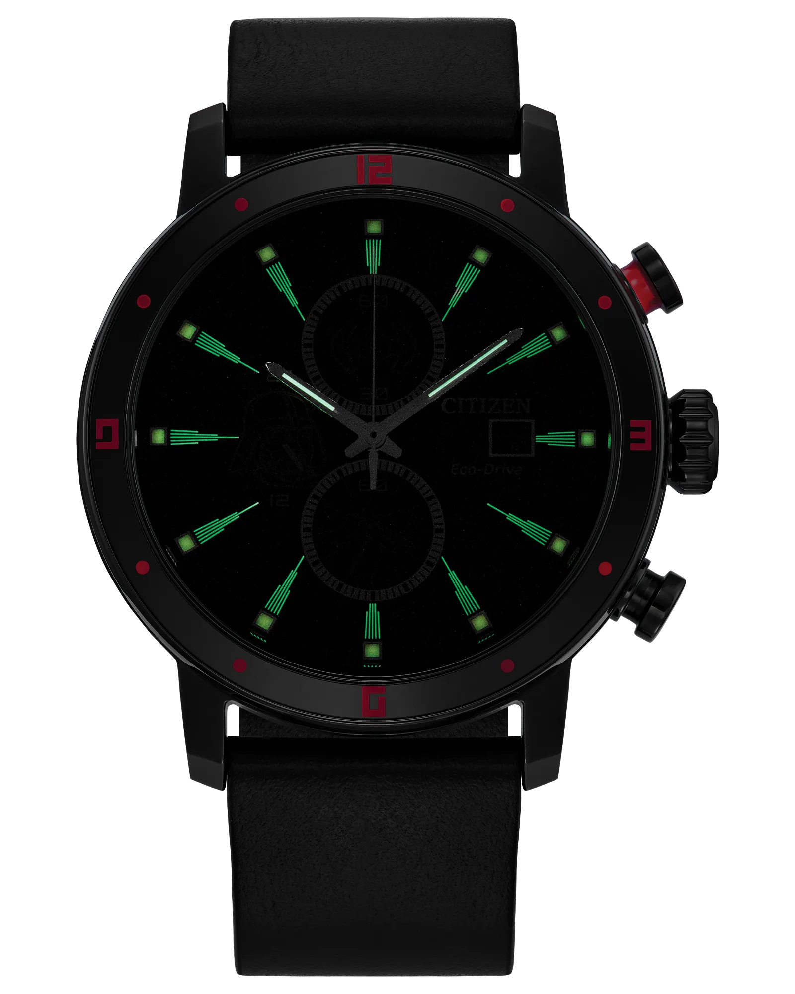 Black watch with green and red accents on a white background