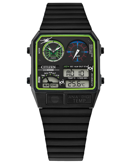 Citizen Star Wars Trench Run analog-digital watch (Model JG2109-50W). Features 33mm rectangular black stainless steel case and bracelet, inspired by 1980s Citizen designs. Includes dual time zones, temperature display in Celsius, 1/1000-second chronograph (up to 12 hrs), alarm, and perpetual calendar. Multi-function LCD display echoes X-Wing targeting systems. Quartz 8989 movement, mineral crystal, splash-resistant build, and 152g weight.