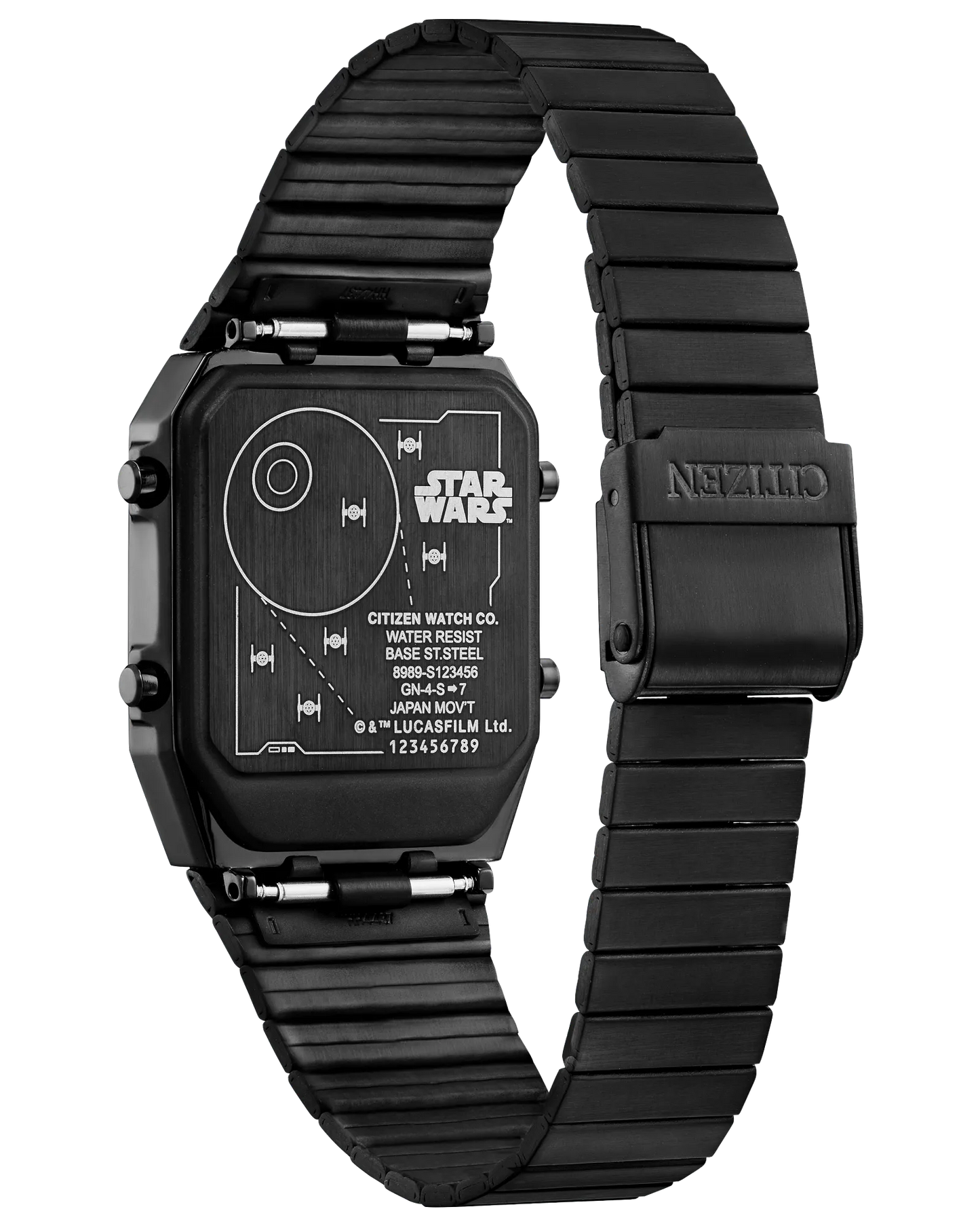 Black Star Wars watch with metallic band on a white background