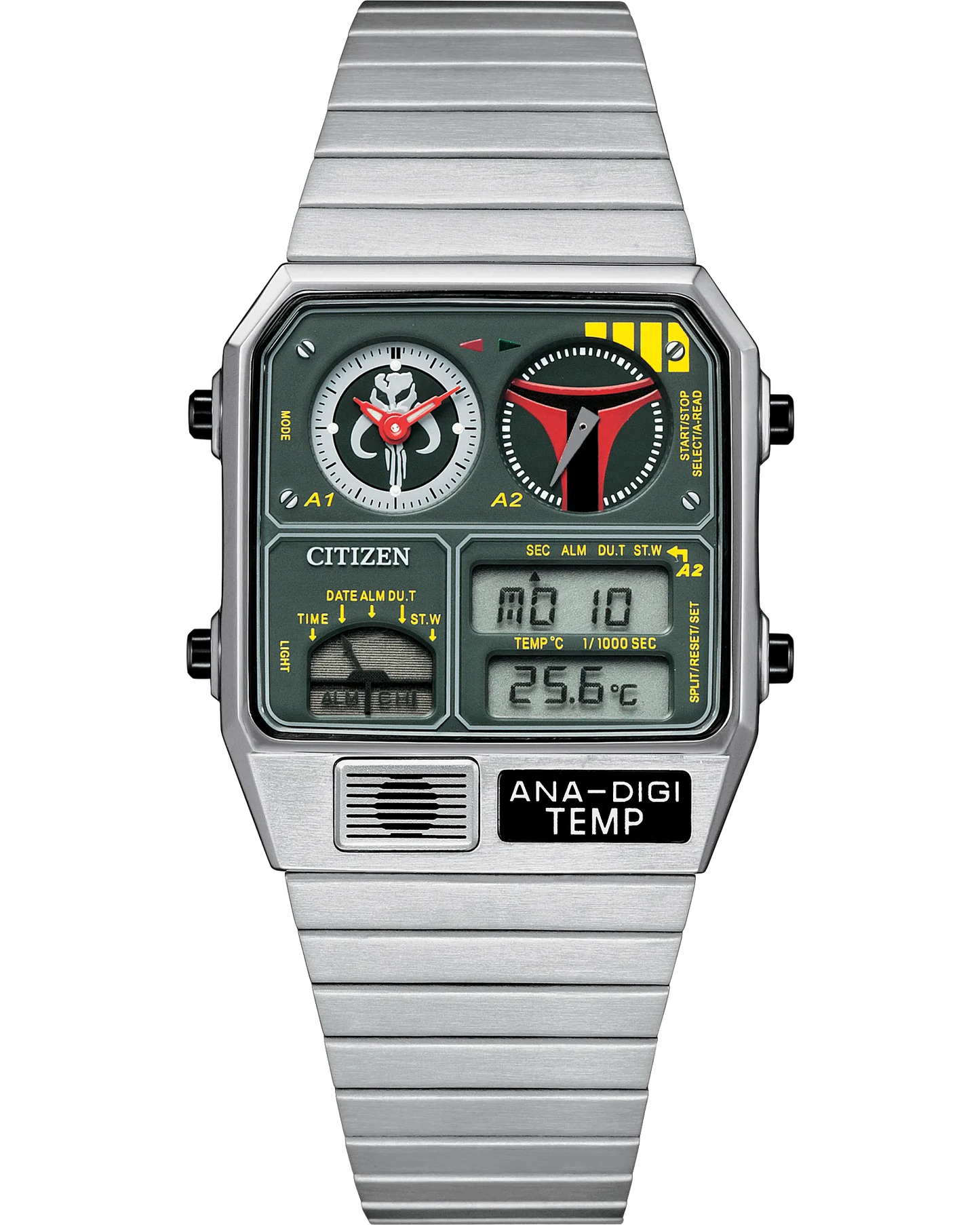 Citizen Star Wars Boba Fett Ana-Digi watch (Model JG2110-51W). Features rectangular 33mm silver-tone stainless steel case and bracelet, olive green dial with red accent, and Mandalorian symbol. Includes analog-digital display with dual time, alarm, temperature (°C), and 1/1000-second chronograph. Quartz 8989 movement, mineral crystal, splash-resistant design, and lightweight 66g build.
