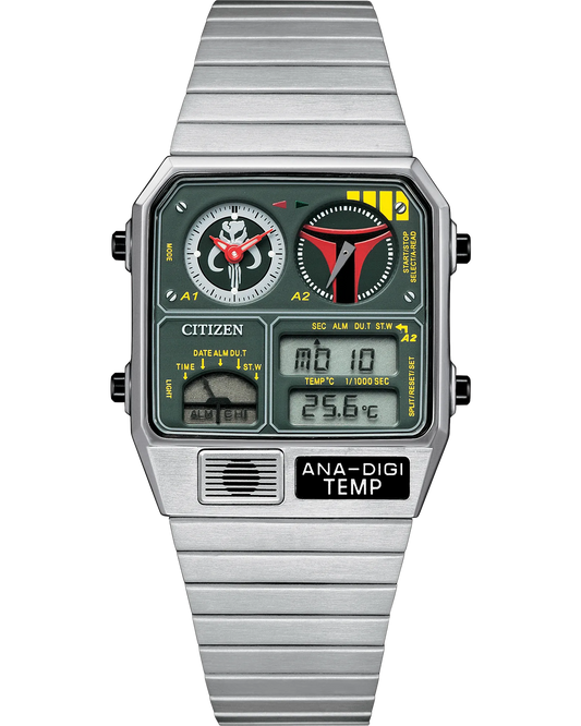 Citizen Star Wars Boba Fett Ana-Digi watch (Model JG2110-51W). Features rectangular 33mm silver-tone stainless steel case and bracelet, olive green dial with red accent, and Mandalorian symbol. Includes analog-digital display with dual time, alarm, temperature (°C), and 1/1000-second chronograph. Quartz 8989 movement, mineral crystal, splash-resistant design, and lightweight 66g build.