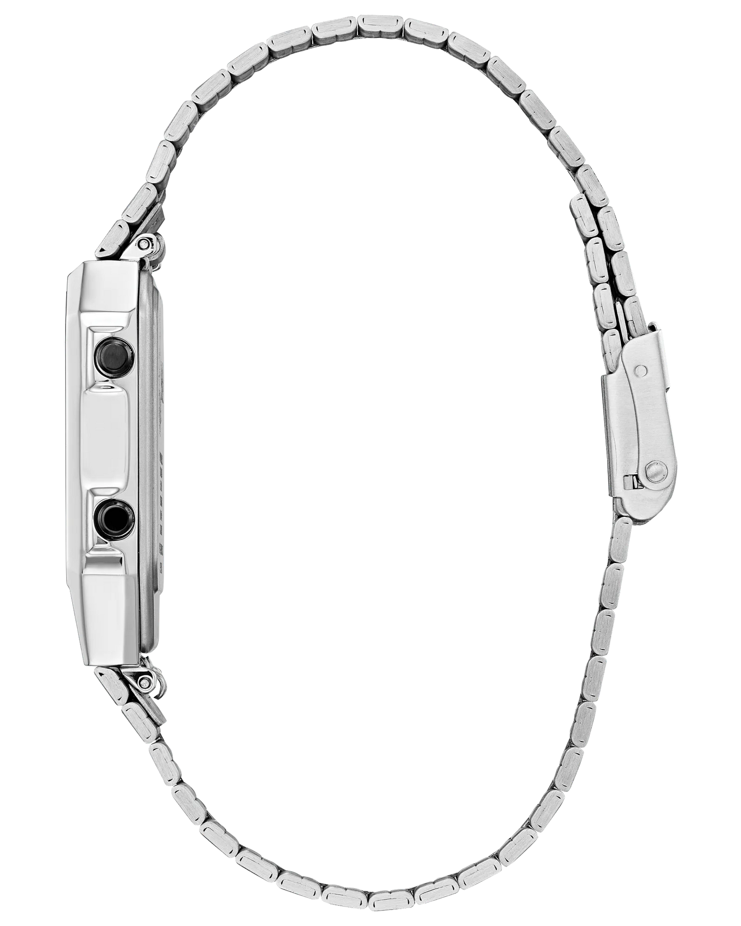 Silver watch strap on a white background