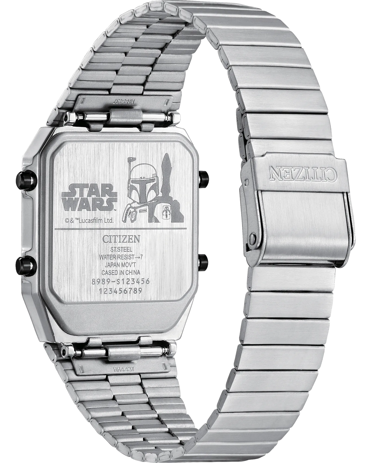 Silver watch with 'Star Wars' design on the back, displayed against a white background.