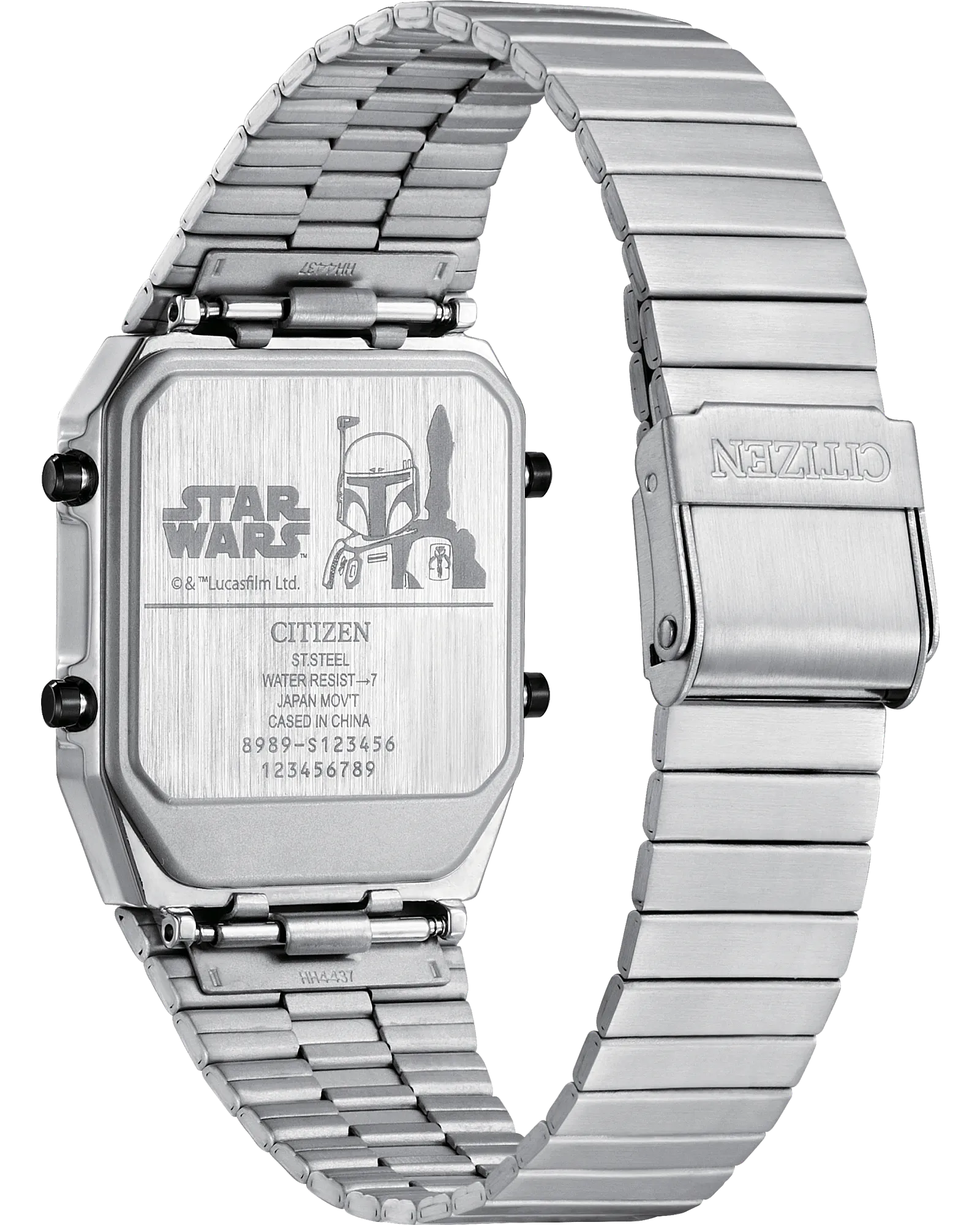 Silver watch with 'Star Wars' design on the back, displayed against a white background.