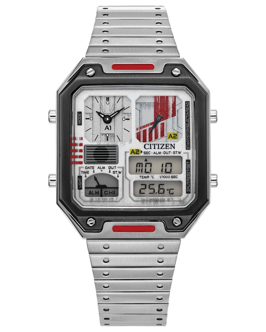 Citizen Star Wars Rebel Pilot Ana-Digi watch (Model JG2131-51H). Features rectangular gray IP stainless steel case with red Rebel-inspired accents, dual analog sub-dials, LCD digital display showing dual time, day/date, and temperature. Includes 1/1000-second chronograph, perpetual calendar, and quartz 8989 movement. Two-tone stainless steel bracelet with sliding safety clasp, mineral crystal, WR50 water resistance, and 80g weight.