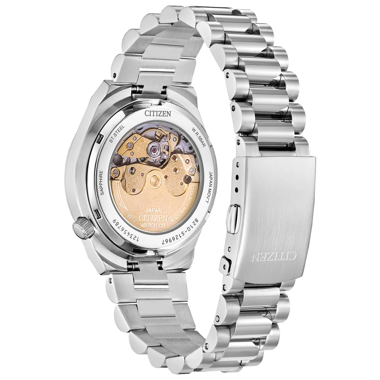 itizen TSUYOSA NJ0200-50Z – 37mm stainless steel case, pastel pink sunray dial, automatic Caliber 8210 movement, sapphire crystal, stainless steel bracelet, and 50m water resistance.