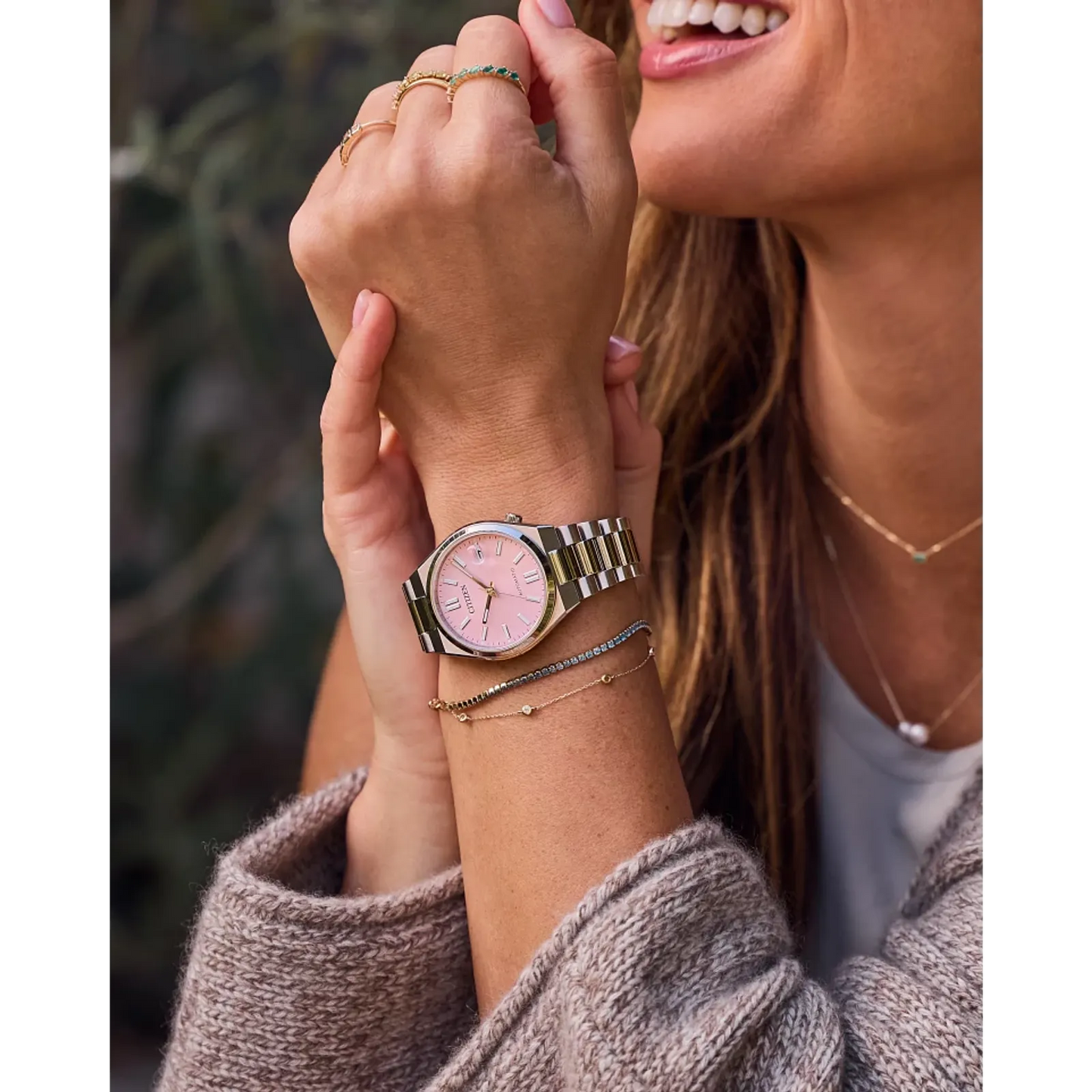 itizen TSUYOSA NJ0200-50Z – 37mm stainless steel case, pastel pink sunray dial, automatic Caliber 8210 movement, sapphire crystal, stainless steel bracelet, and 50m water resistance.