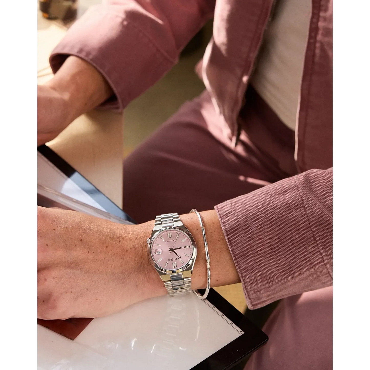 itizen TSUYOSA NJ0200-50Z – 37mm stainless steel case, pastel pink sunray dial, automatic Caliber 8210 movement, sapphire crystal, stainless steel bracelet, and 50m water resistance.