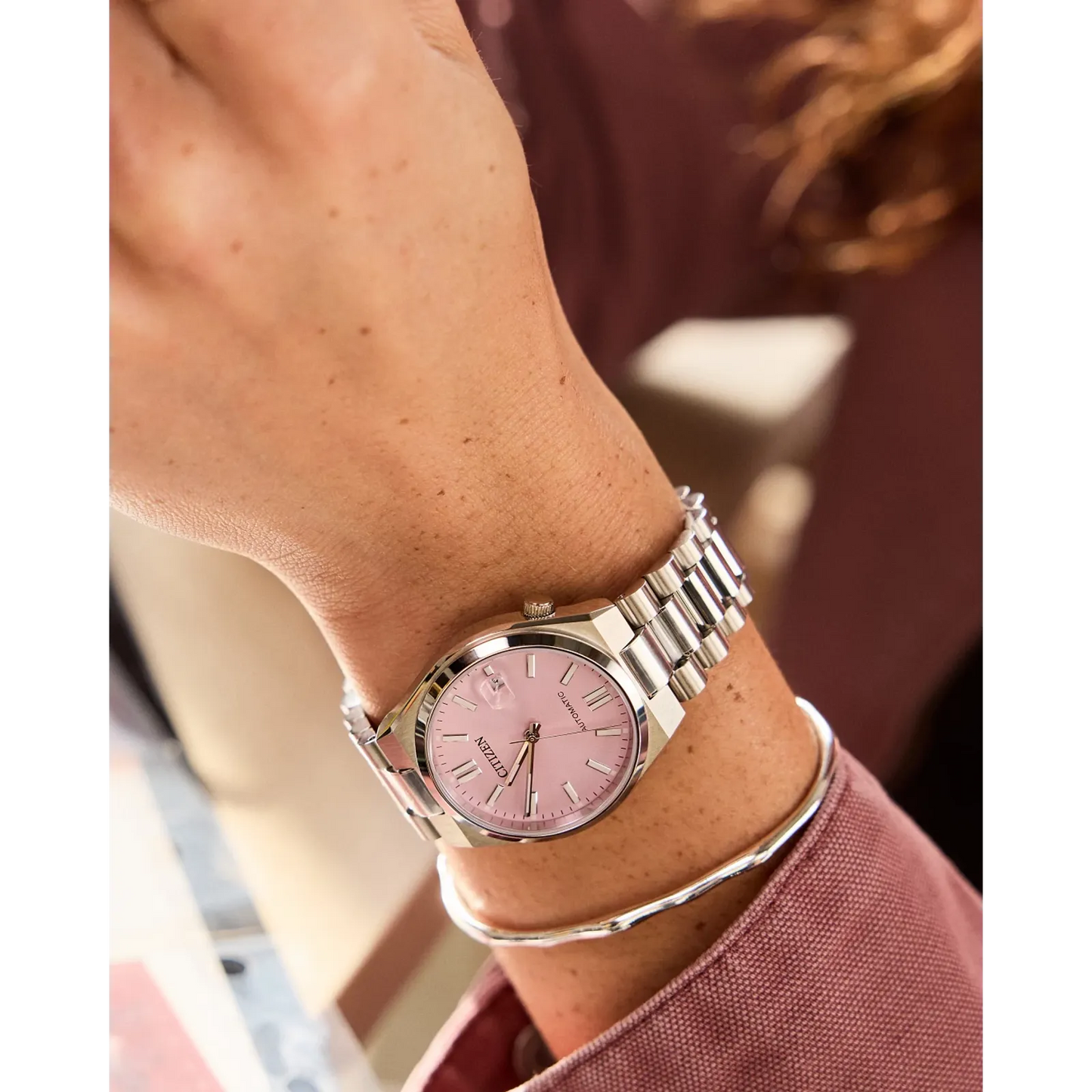 itizen TSUYOSA NJ0200-50Z – 37mm stainless steel case, pastel pink sunray dial, automatic Caliber 8210 movement, sapphire crystal, stainless steel bracelet, and 50m water resistance.