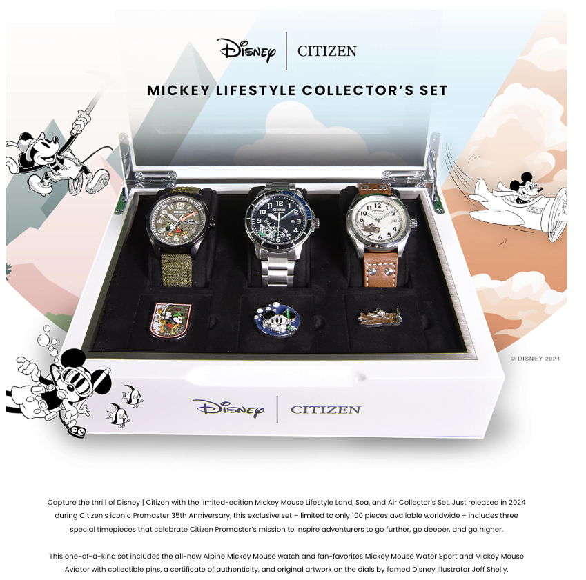 CITIZEN DISNEY HVC-LIFESTYLE Mickey Mouse World Adventure - Limited Edition 3-Watch Collector’s Set, Eco-Drive, Land, Sea & Air Designs