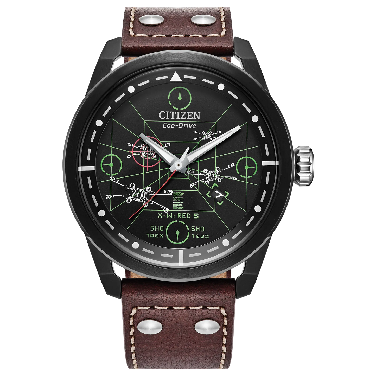 Citizen Star Wars AW1738-05W X-Wing and TIE Fighter Edition Watch – 45mm Black Ion-Plated Case, Eco-Drive, Brown Leather Strap, Neon Cockpit-Inspired Dial, Rebel Alliance Engraved Case Back