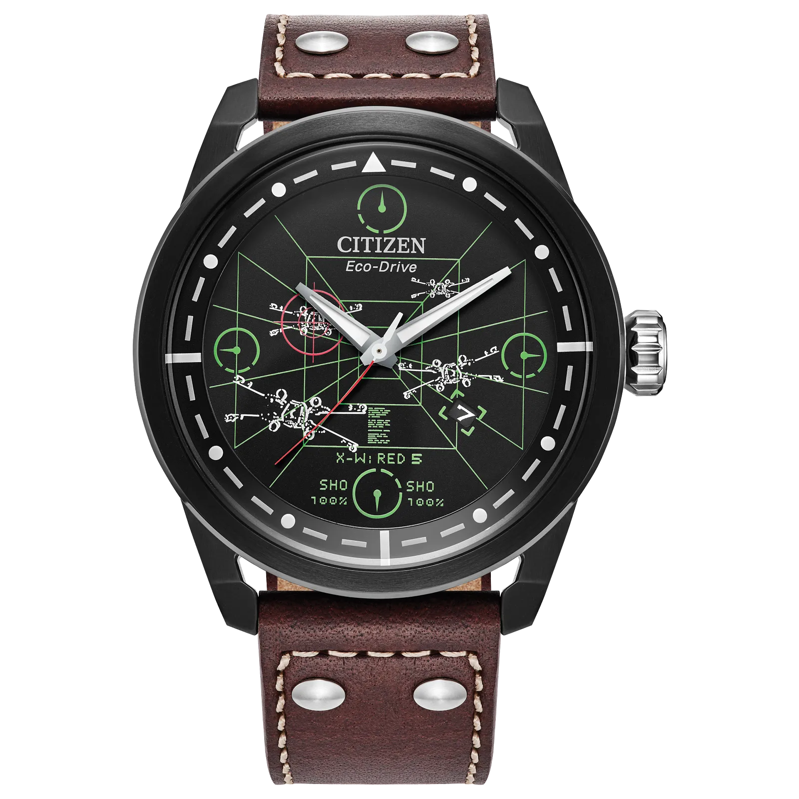 Citizen Star Wars AW1738-05W X-Wing and TIE Fighter Edition Watch – 45mm Black Ion-Plated Case, Eco-Drive, Brown Leather Strap, Neon Cockpit-Inspired Dial, Rebel Alliance Engraved Case Back
