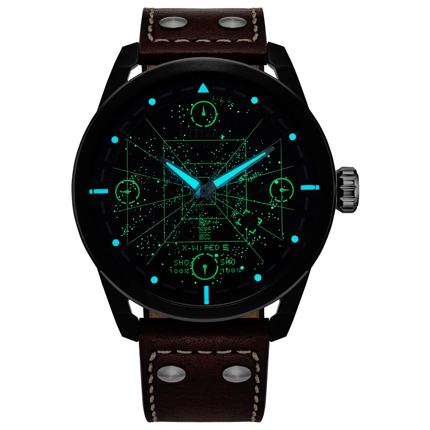 Citizen Star Wars AW1738-05W X-Wing and TIE Fighter Edition Watch – 45mm Black Ion-Plated Case, Eco-Drive, Brown Leather Strap, Neon Cockpit-Inspired Dial, Rebel Alliance Engraved Case Back