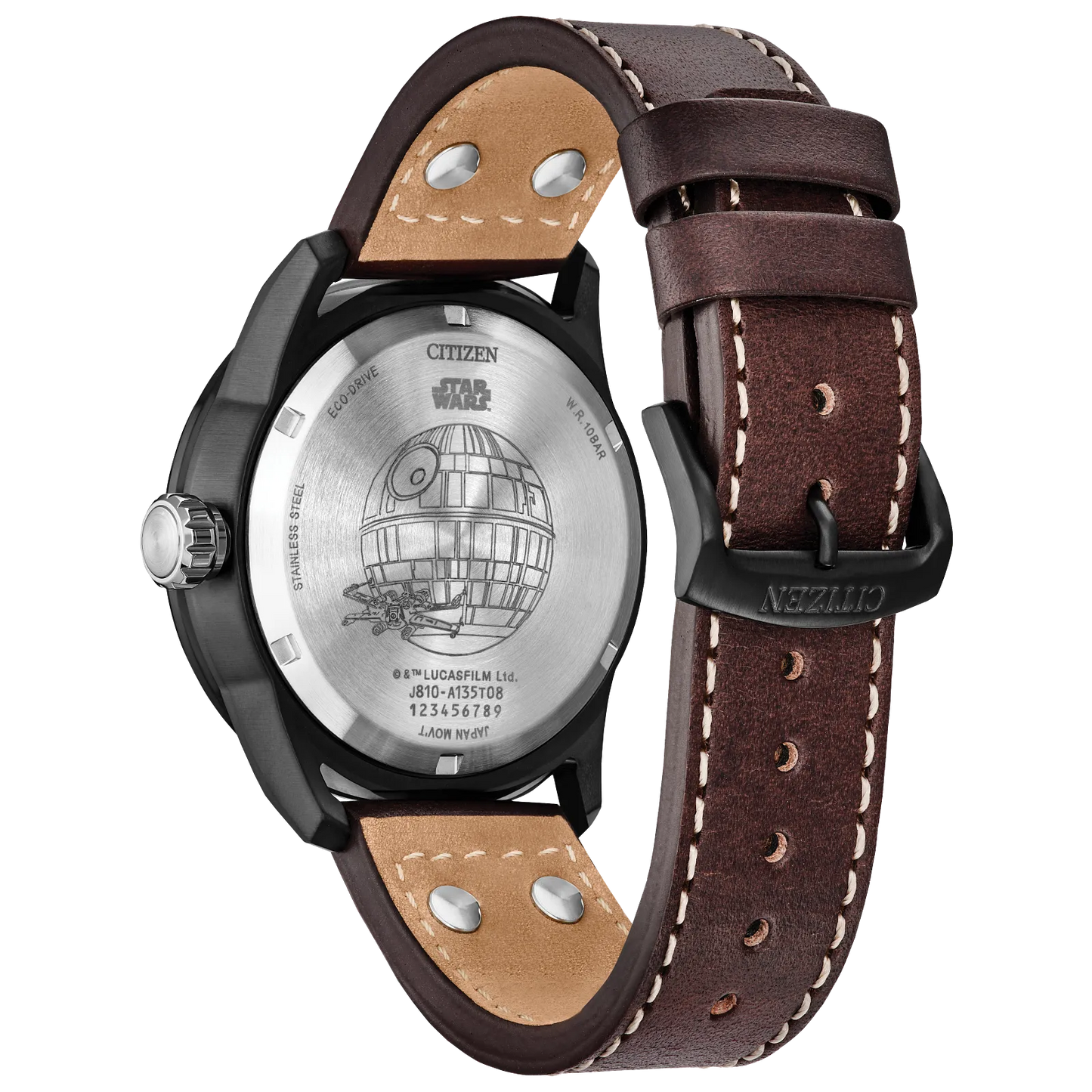 Citizen Star Wars AW1738-05W X-Wing and TIE Fighter Edition Watch – 45mm Black Ion-Plated Case, Eco-Drive, Brown Leather Strap, Neon Cockpit-Inspired Dial, Rebel Alliance Engraved Case Back