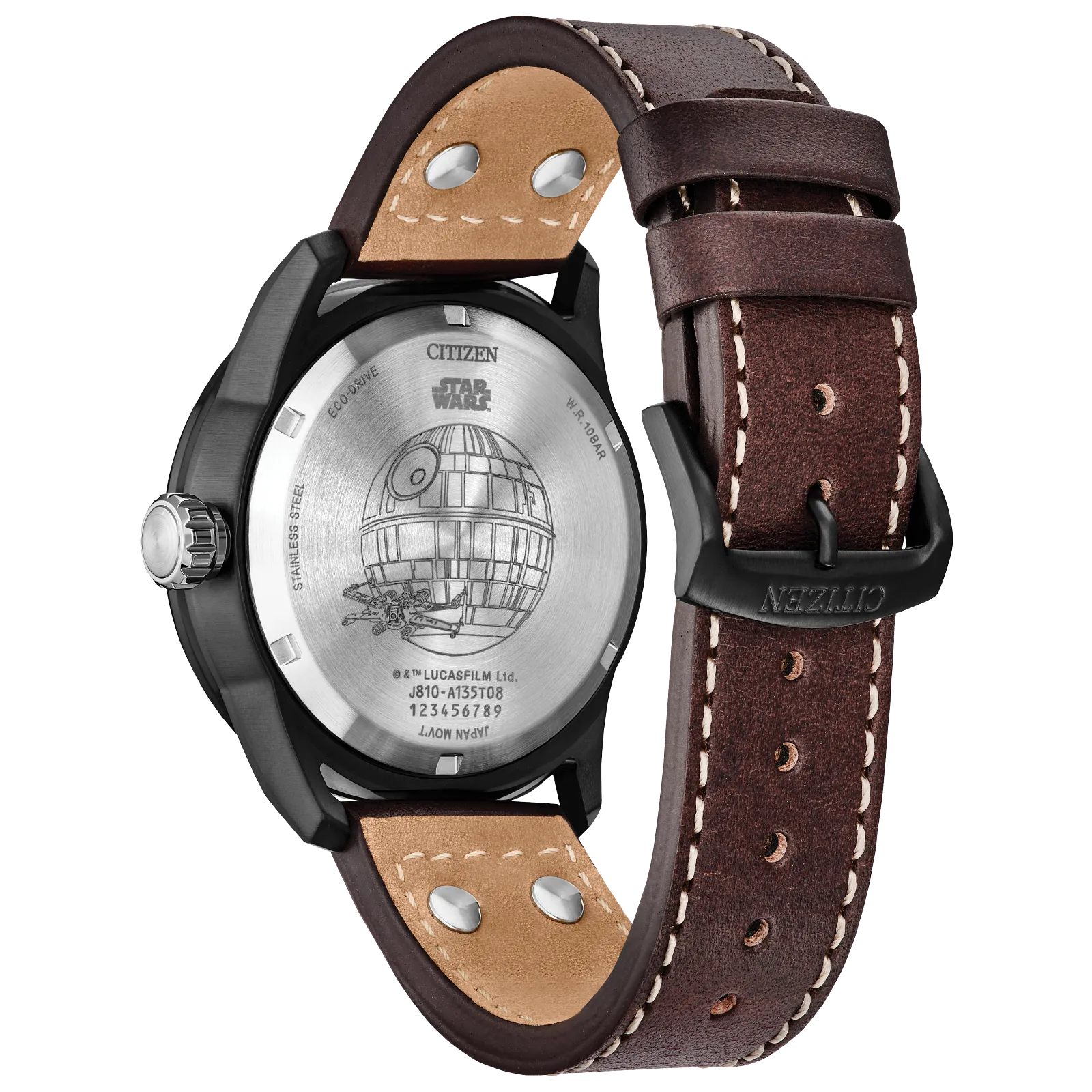 Citizen Star Wars AW1738-05W X-Wing and TIE Fighter Edition Watch – 45mm Black Ion-Plated Case, Eco-Drive, Brown Leather Strap, Neon Cockpit-Inspired Dial, Rebel Alliance Engraved Case Back